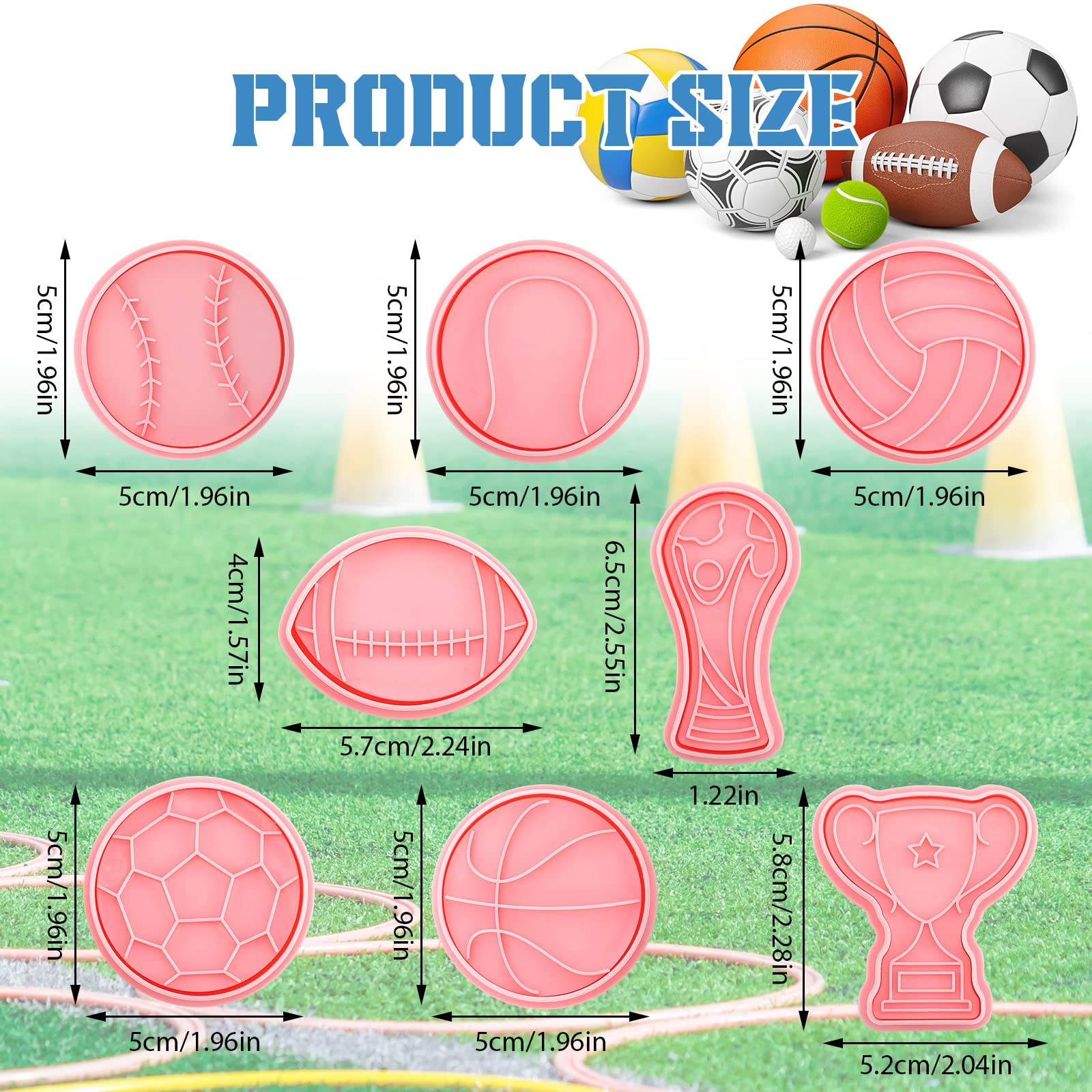 8 Pieces Sport Ball And Birthday Cookie Stamps With Plunger Cutters Set 3D Football Volleyball Soccer Basketball Cake Flower Sha