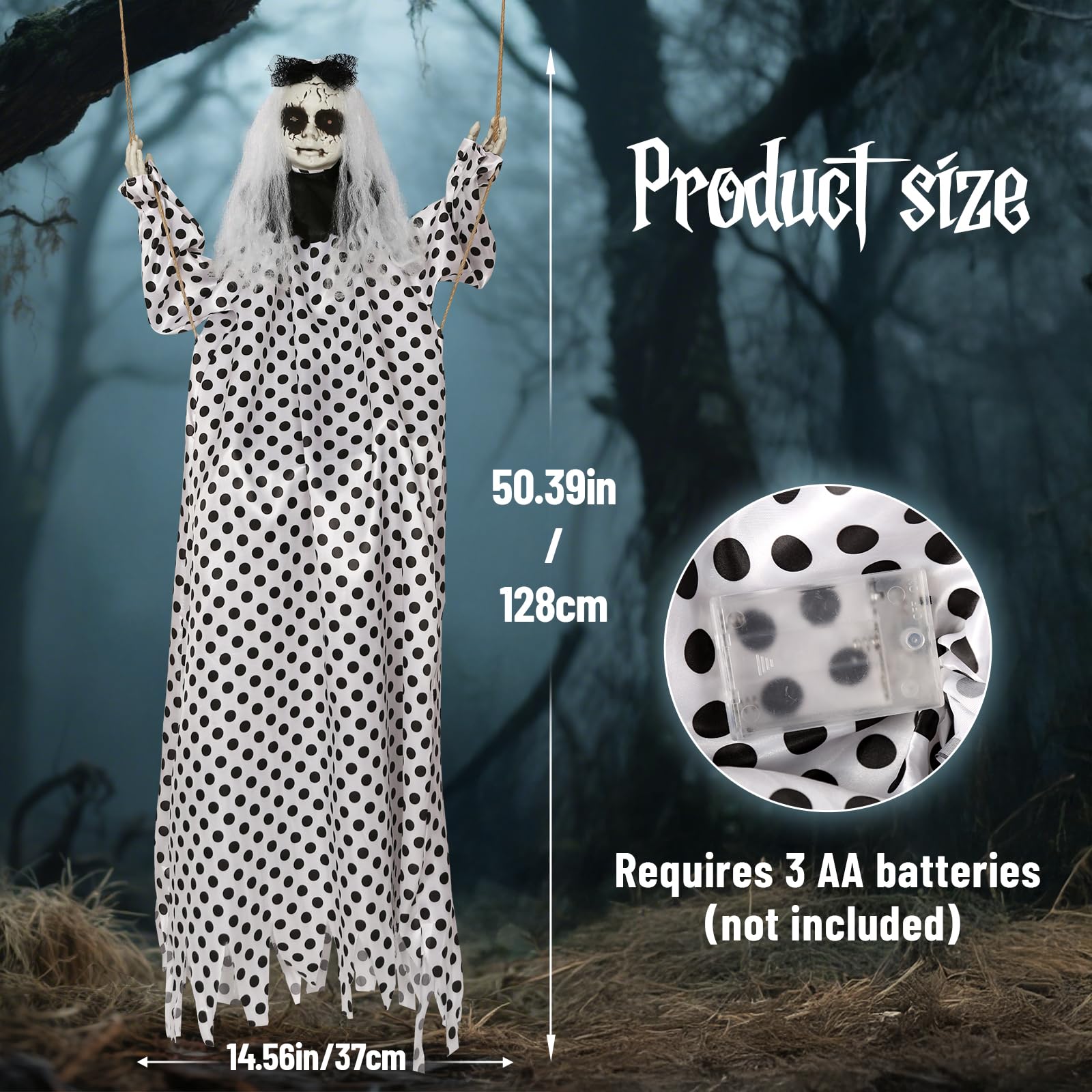 HOMELEX 50 Inch Hanging Swinging Gir White Ghosts Halloween Light-Up LED Eyes Prop Indoor and Outdoor Decoration