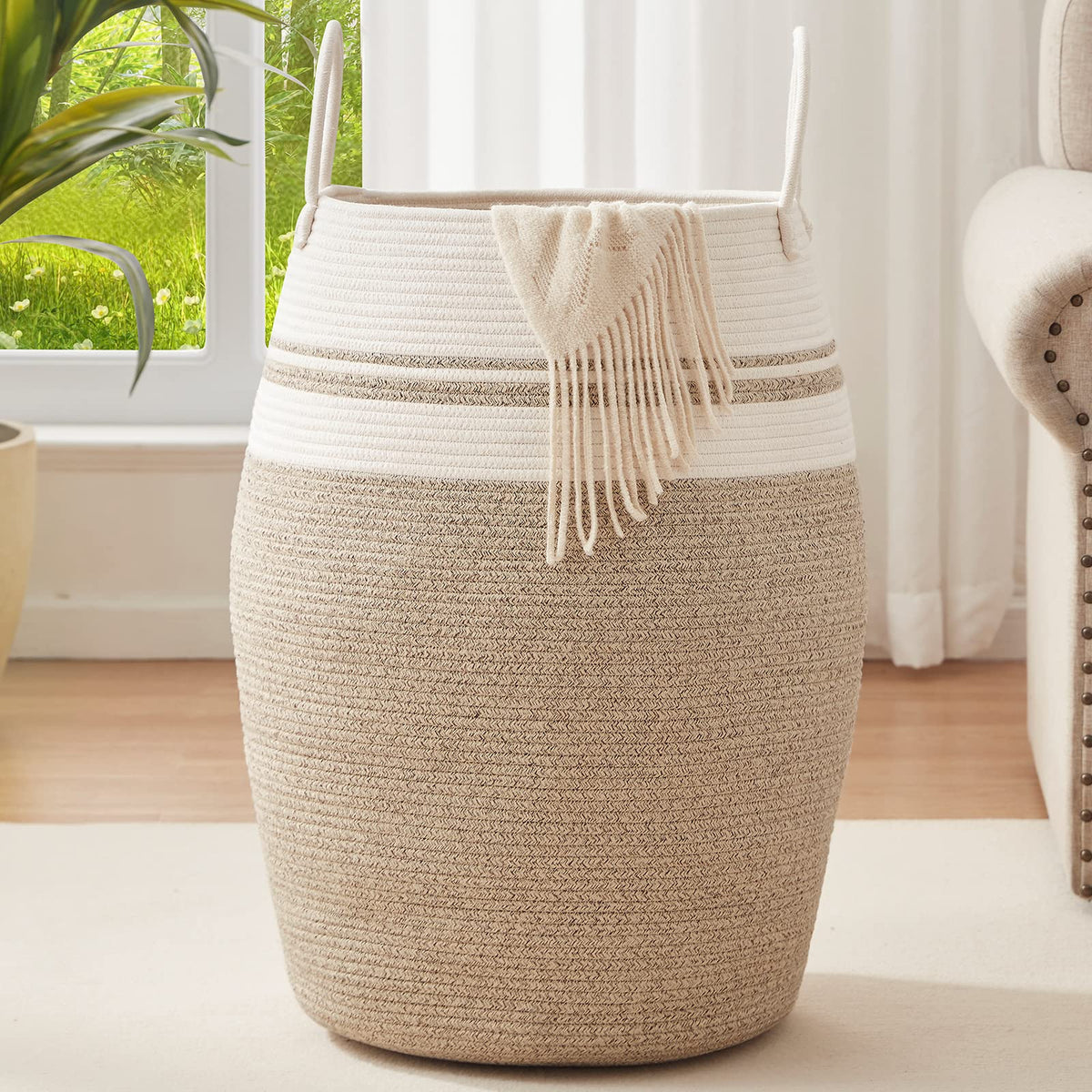 Oiahomy Laundry Hamper Woven Cotton Rope Large Clothes Hamper 25.6'' Height Tall Laundry Basket With Extended Cotton Handles For