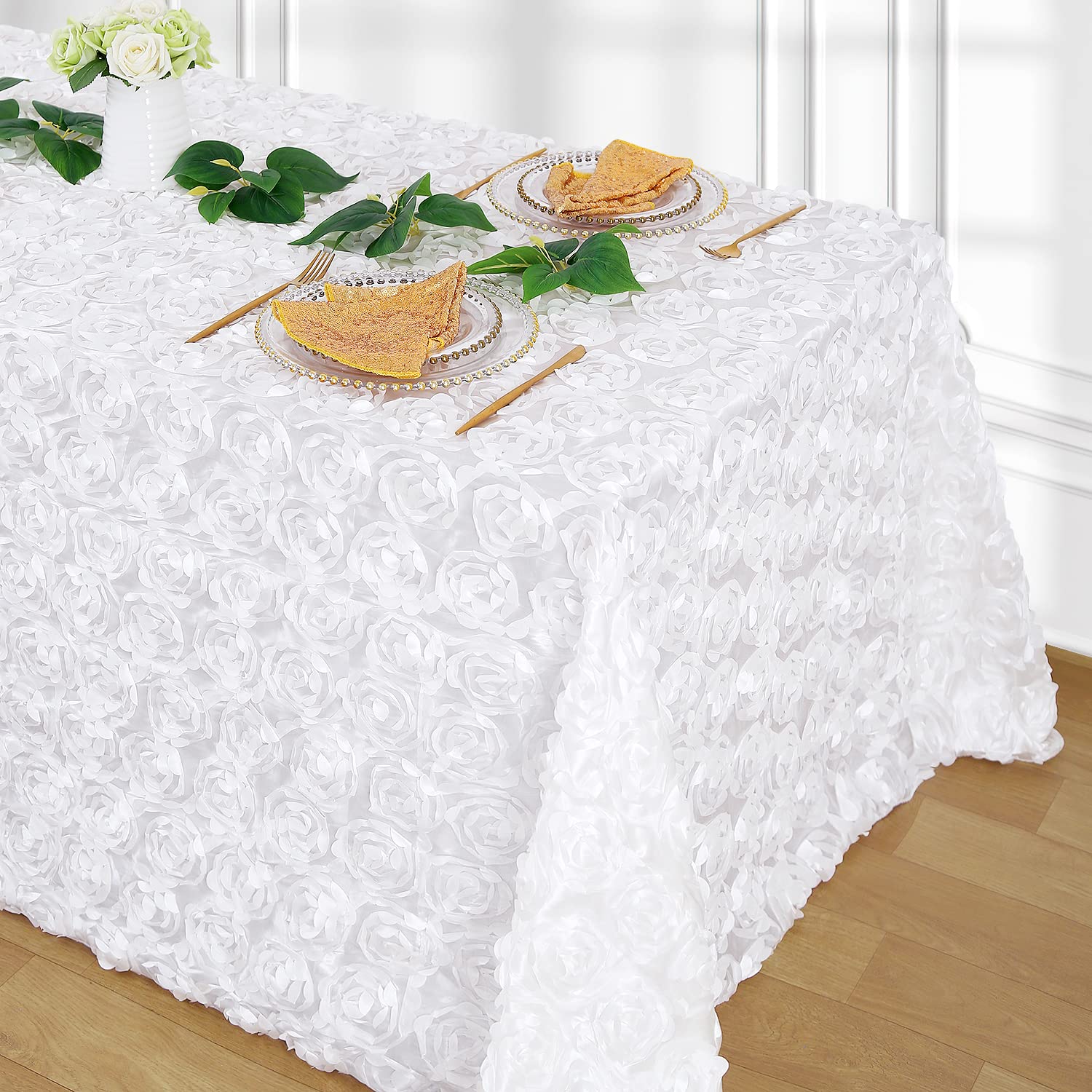 Queendream White Wedding Tablecloth 90 X 132 Inch Rosette Tablecloth 3D Flowers Satin Overlay For Wedding Reception Table Decora