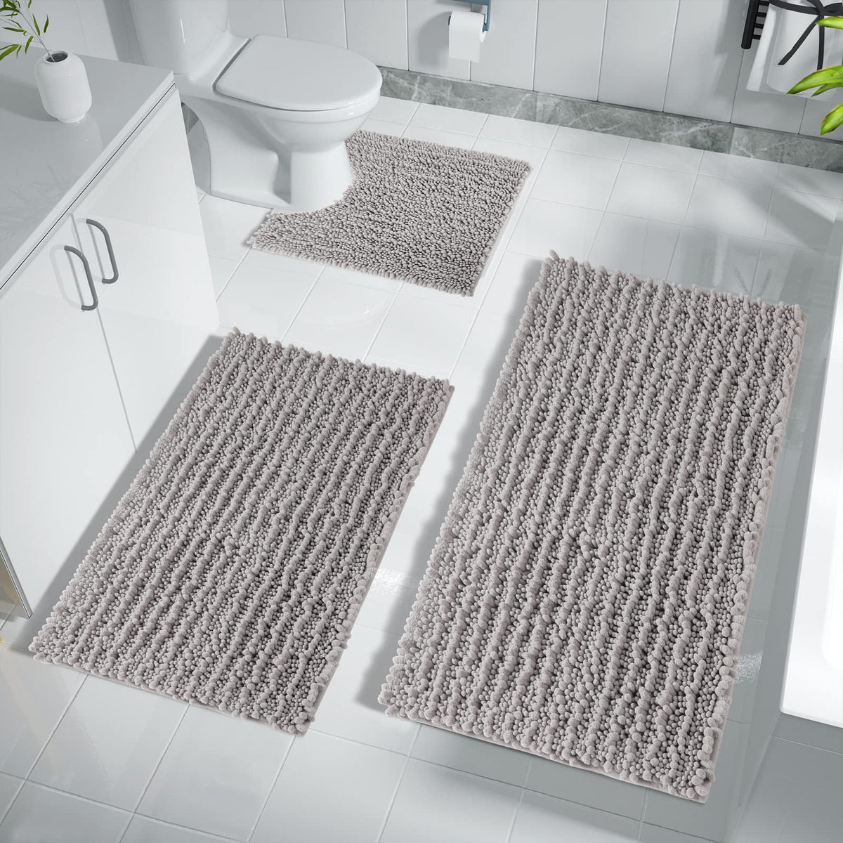 Yimobra Bathroom Rugs Sets 3 Piece, Fluffy Plush Chenille Baht Room Mats Sets With Toilet Rug U Shaped, Soft Shaggy Absorbent No