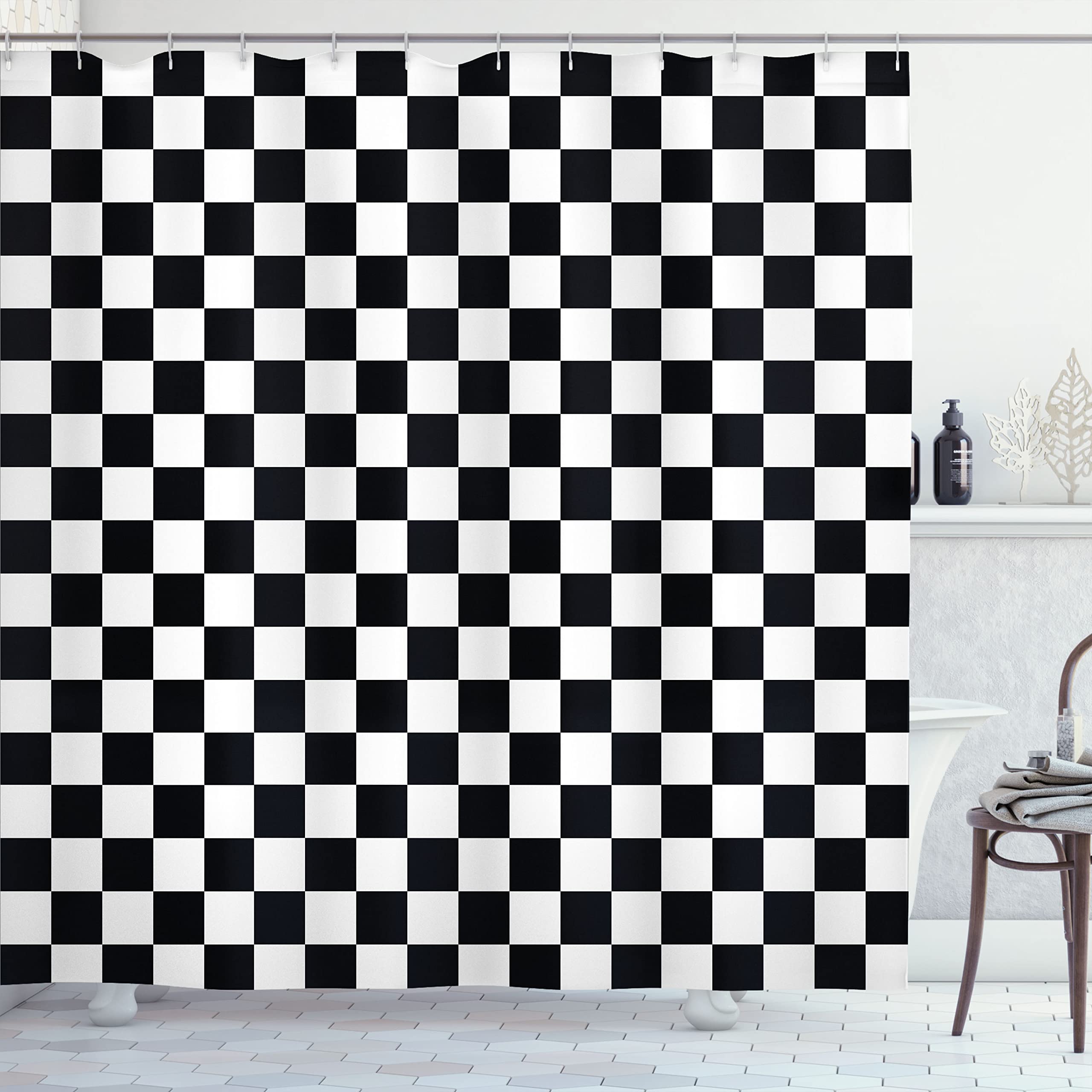 Ambesonne Checkers Game Shower Curtain, Geometric Grid Style Monochrome Squares In Traditional Game Board Design, Cloth Fabric B