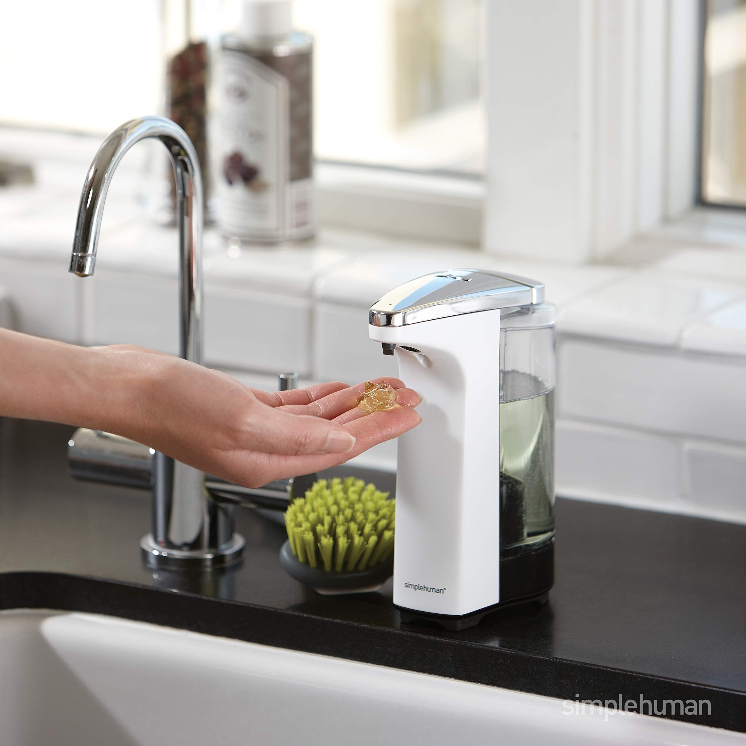 simplehuman Touch-Free Sensor Liquid Soap Pump Dispenser, 8 oz., Brushed Nickel, Model ST1023, Battery Operated, Includes Soap Sample