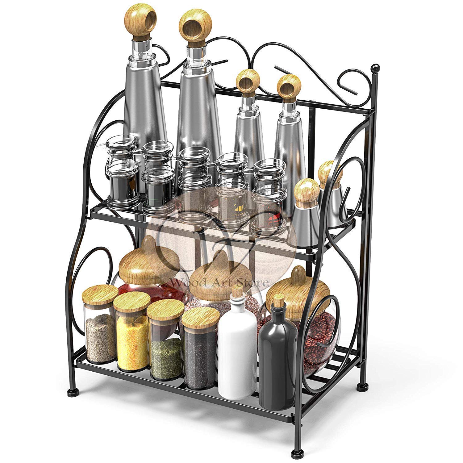 Wood Art Storemetal Rack, 2Tier Foldable Shelf Rack For Home Bathroom Countertop, 2Tier Standing Storage Organizer Jars Bottle