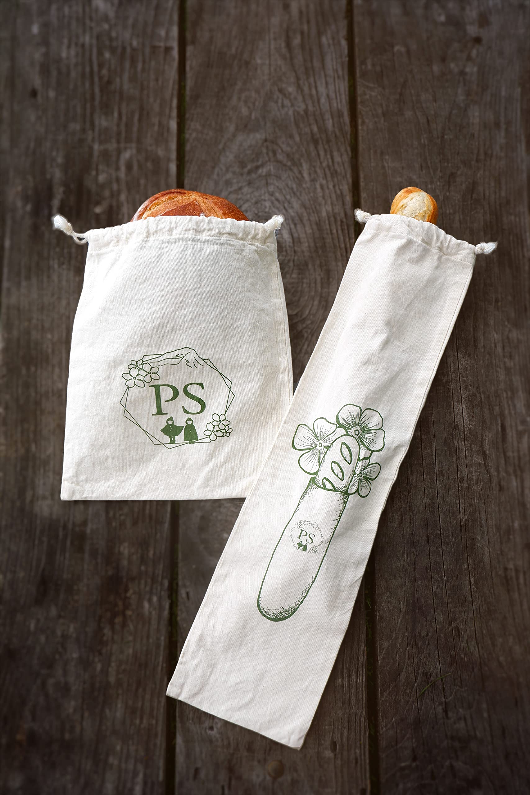 Phlox Systems (Ps) Home Set Of Two Handmade Bread Bags, Drawstring Cotton Bread Bag, Reusable Bread Bag, Homemade Bread Bags, Ba
