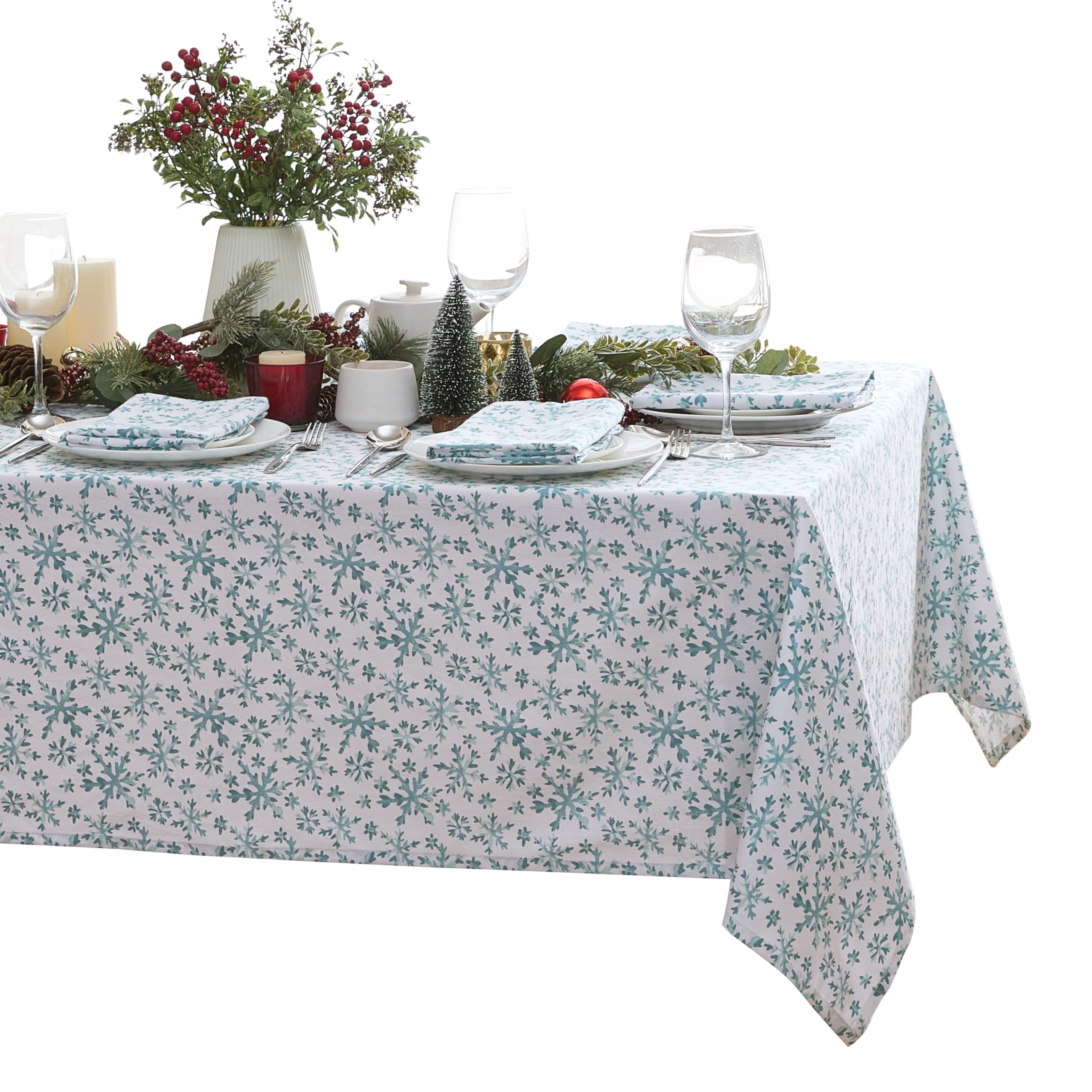 Lintex Frozen Blue Snowflakes Cotton Christmas Fabric Tablecloth  Blue and White Winter Holiday Snowflake Cotton Xmas Easy Care Cotton Tablecloth  52'' x 52'' Square