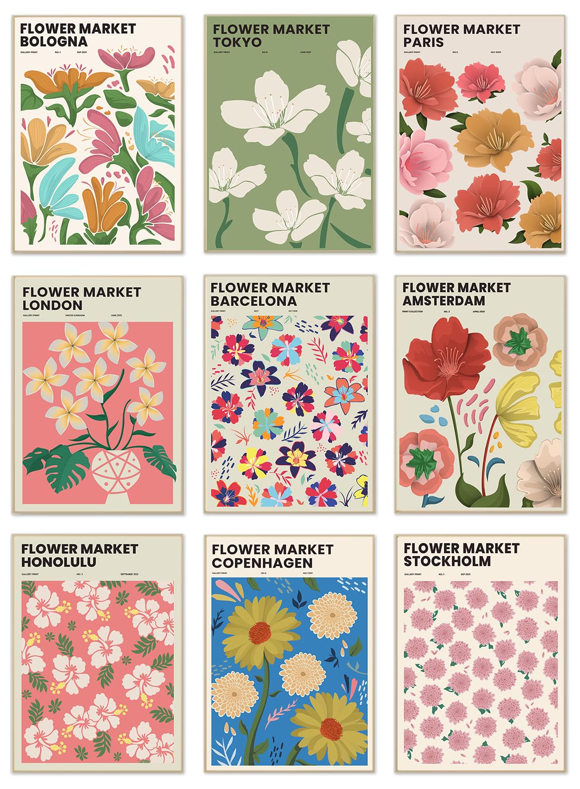 Flower Market Poster Set Of 9, Abstract Vintage Floral Flower Wall Decor Art Prints, Minimalist Flower Market Poster For Room Ae