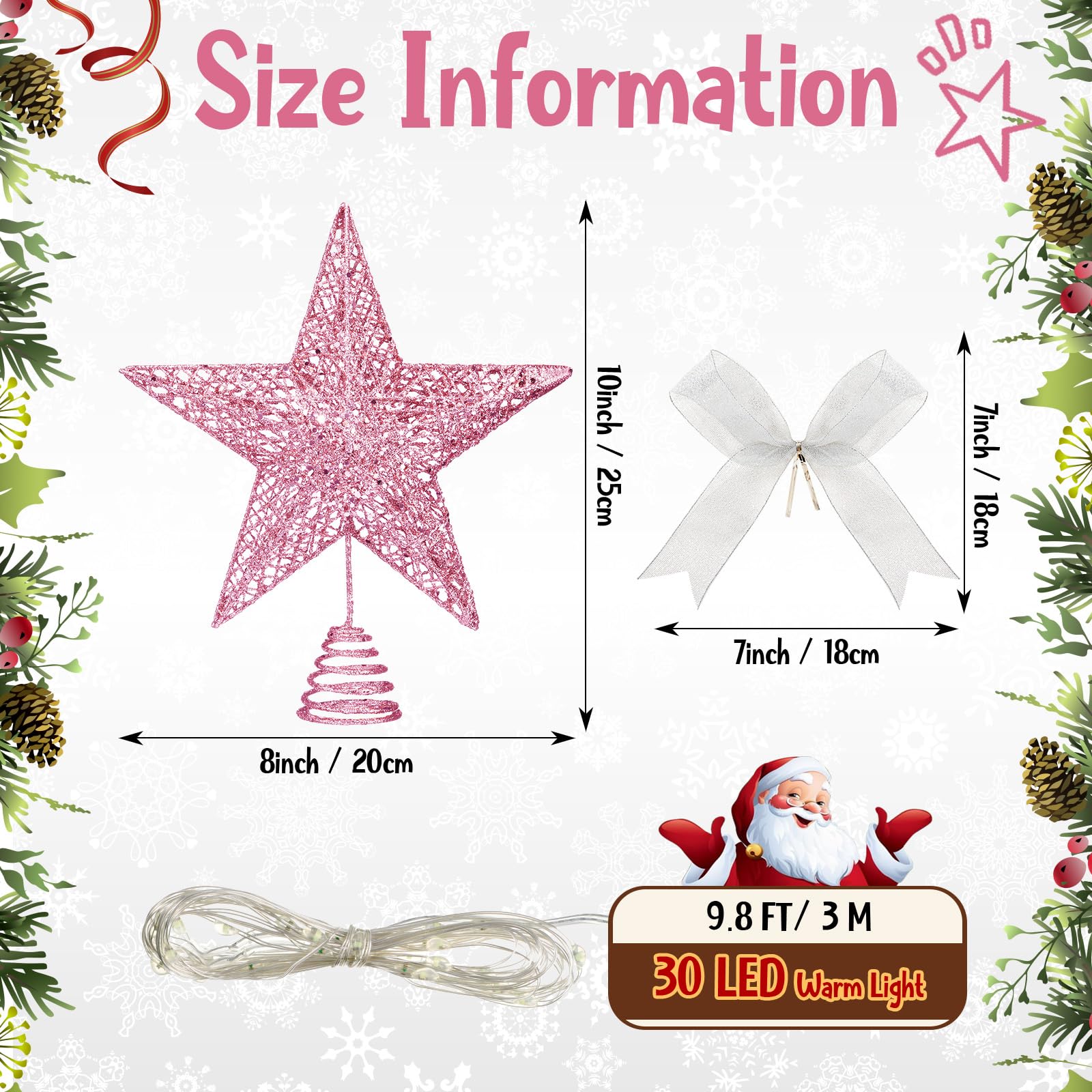 Sumind 10 Inch Christmas Star Tree Topper Glittered Star Metal Plug in Treetop Ornaments with Bow and 30 LED String Light for Ch