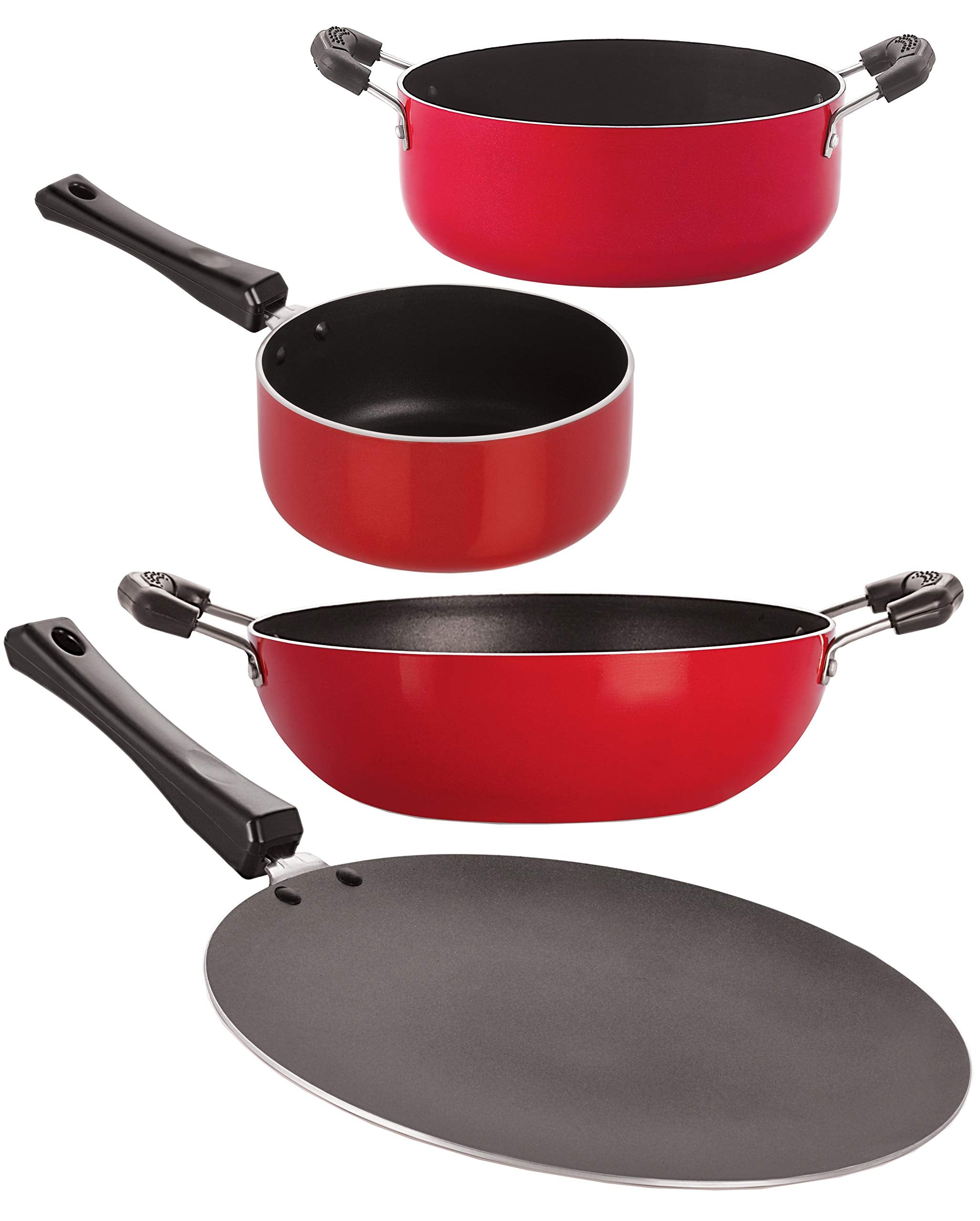 Nirlon NonStick Aluminum Cookware Set, 4Piece, Red And Black (2.6Mm_Ct_Kd14_Spb_Cass20)