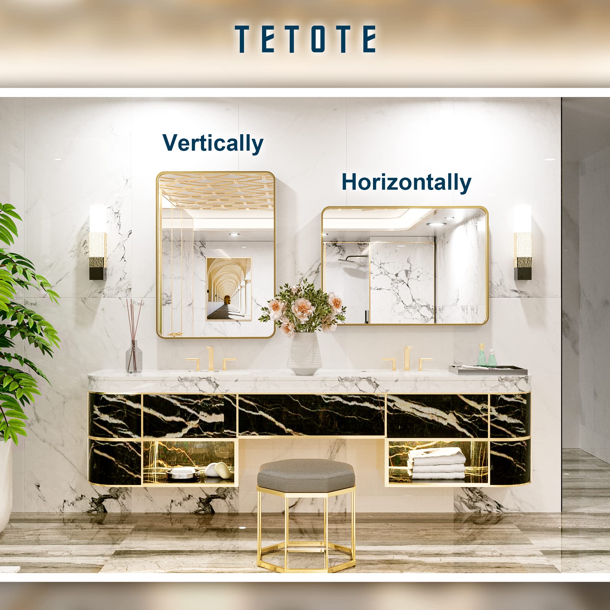 Tetote Gold Framed Mirror For Bathroom, 22 X 30 Inch Vanity Mirror For Wall, Brushed Brass Rectangle Round Corner Entry Way Gold