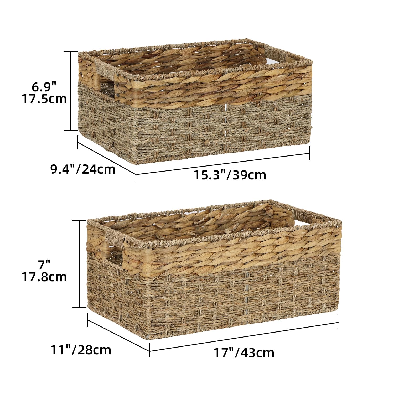 Weavelyrics [2-Pack, 2-Size] Wicker Storage Baskets With Handles, Water Hyacinth And Seagrass, Handwoven Storage Baskets For She