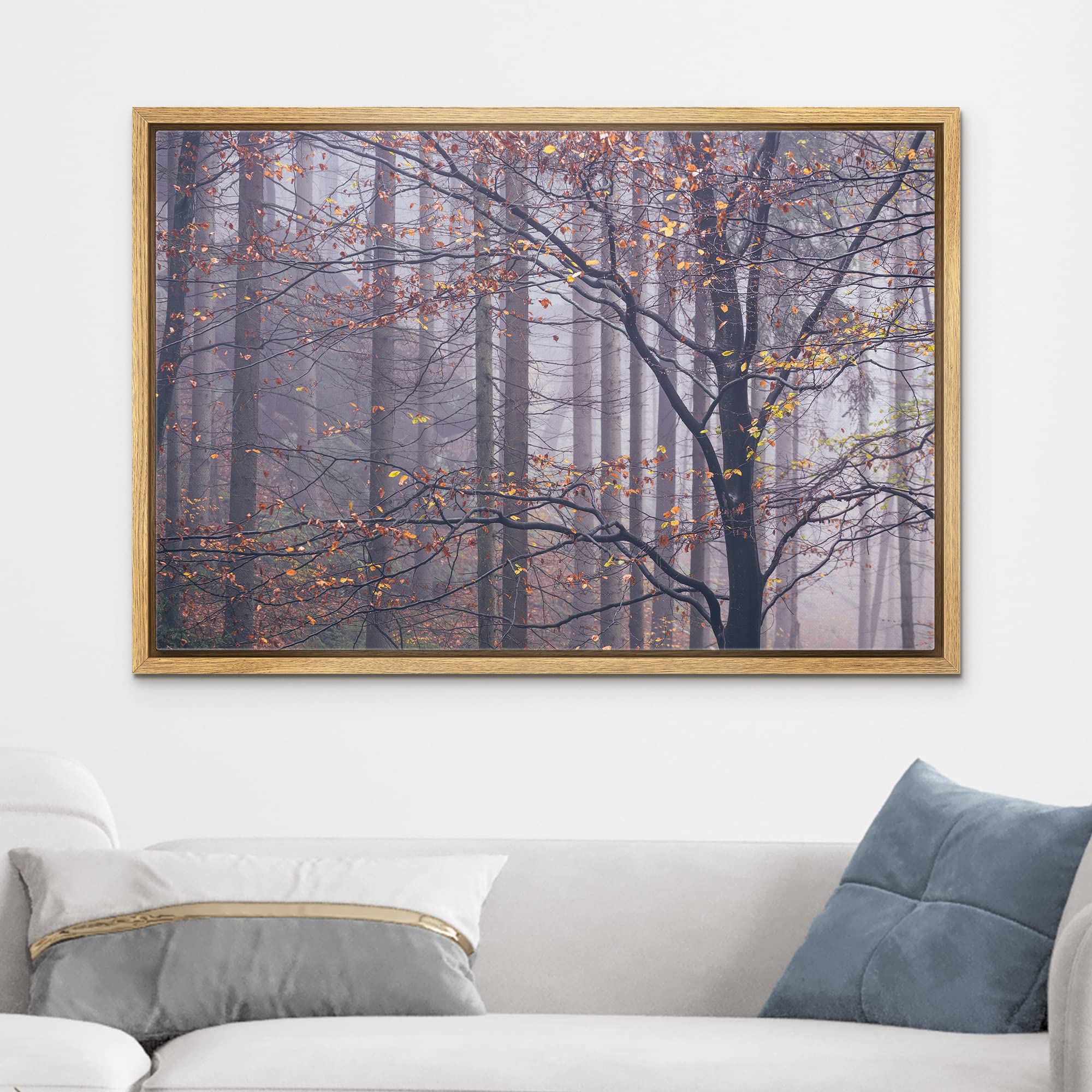 Wall26 Framed Canvas Print Wall Art Misty Autumn Forest & Trees With Yellow Leaves Nature Wilderness Photography Modern Art Rust