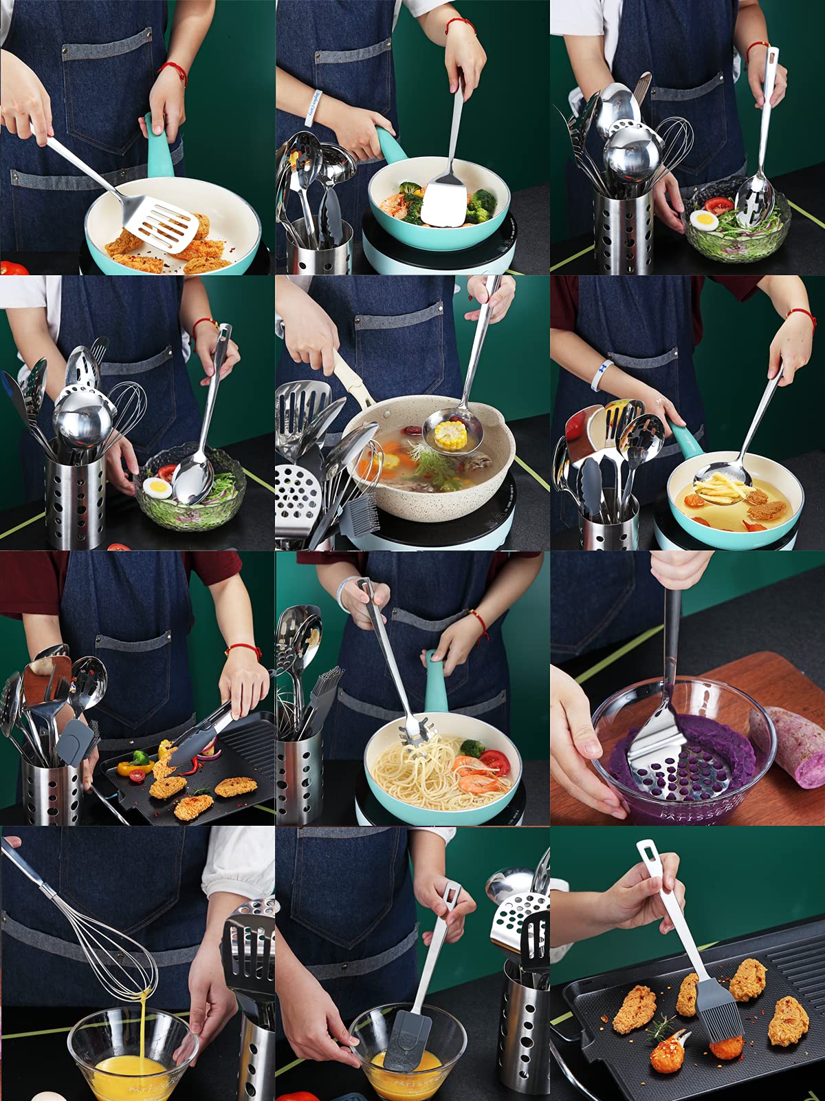 Kyraton 37-Piece Stainless Steel Cooking Utensils Set, Non-Stick, Heat Resistant, Silver, Model KT280.S37