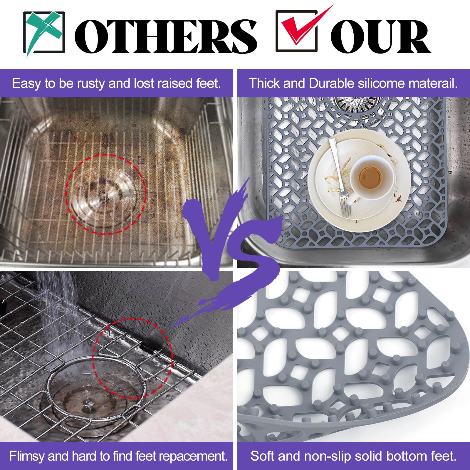 JUSTOGO Silicone Sink Mat  Kitchen Sink Protectors for Kitchen Sink Grid Accessory with Center Drain 24.8''x 13'' 1 PCS Non-slip Folding Sink Mats for Bottom of Farmhouse Stainless Steel Porcelain Sink