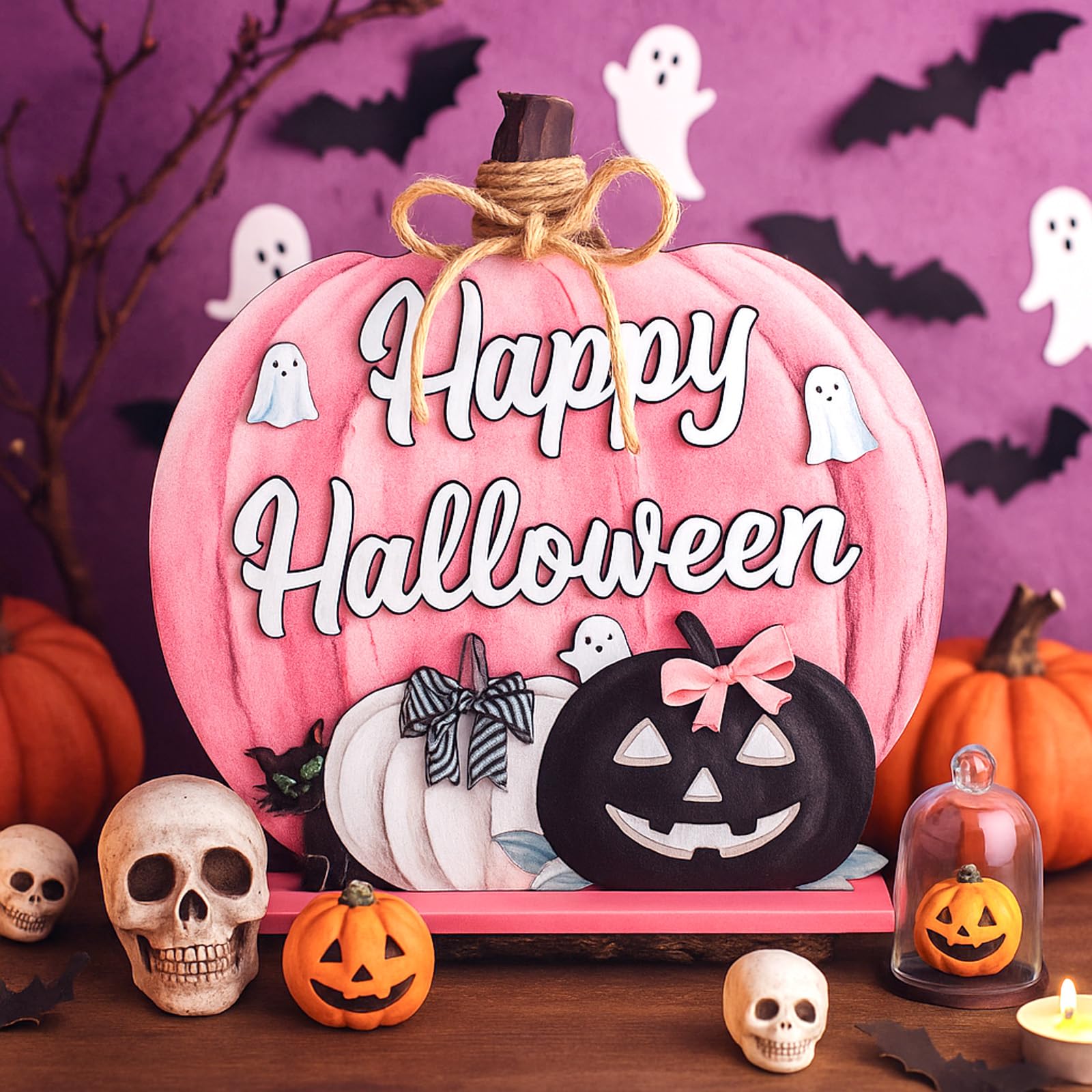 Soaoo Halloween Decoration Wooden Pink Pumpkin Sign Scary Pumpkin Table Decor 11 Inch Wooden Happy Halloween Desktop Ornament fo