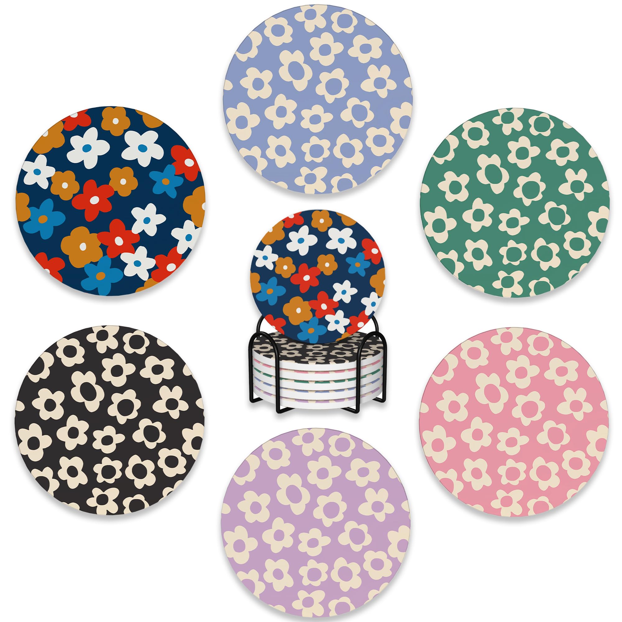 Drink Coasters Set Of 6 With Holder,Vintage Flowers,Floral Pink Blue Green Purple Absorbent Ceramic Coasters With Cork Base,Fit