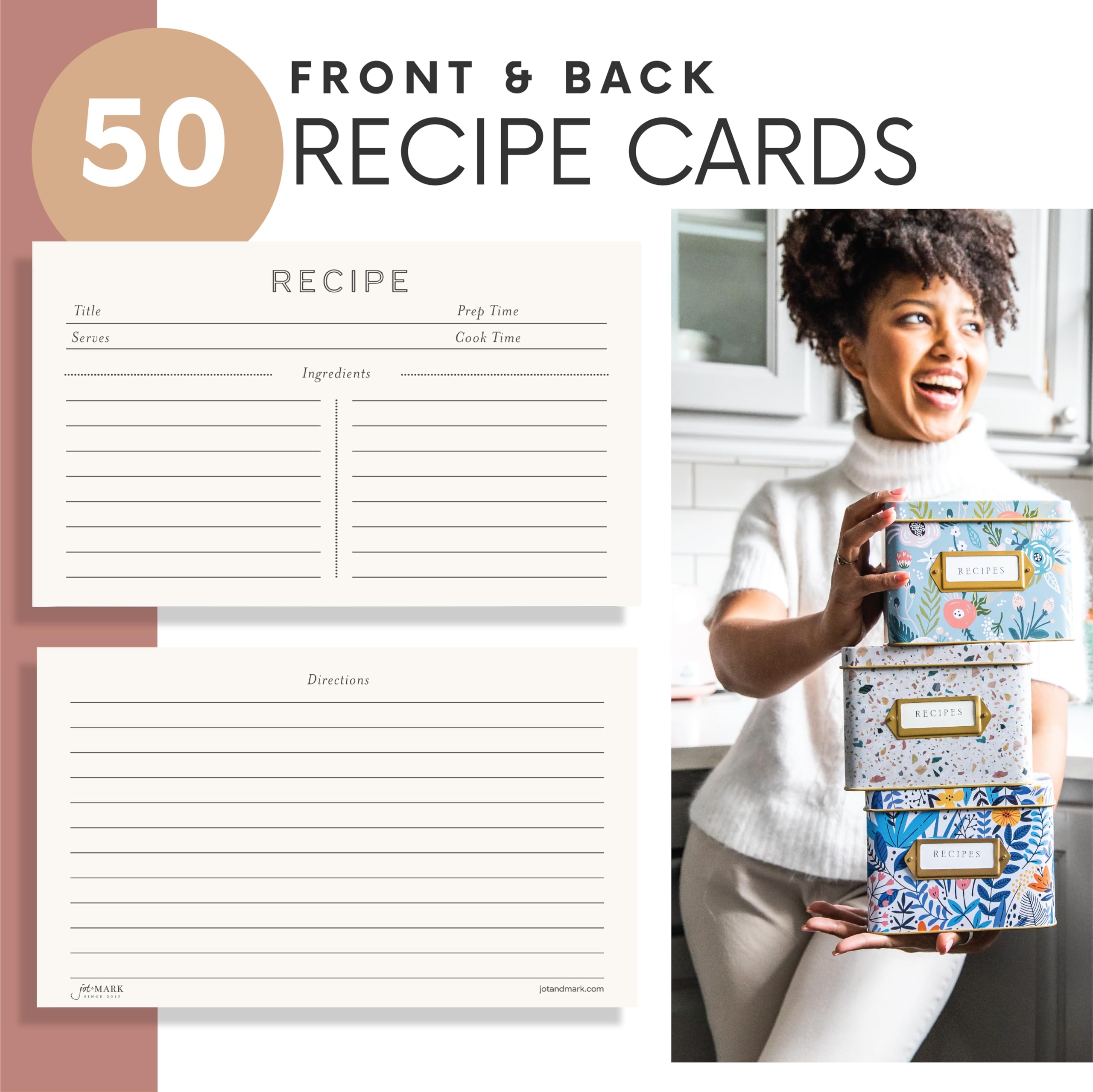 Jot & Mark Recipe Card Complete Gift Box  Decorative Recipe Tin Box  Recipe Cards  Index Dividers (14 dividers  50 4x6 inch Cards  1 Box)