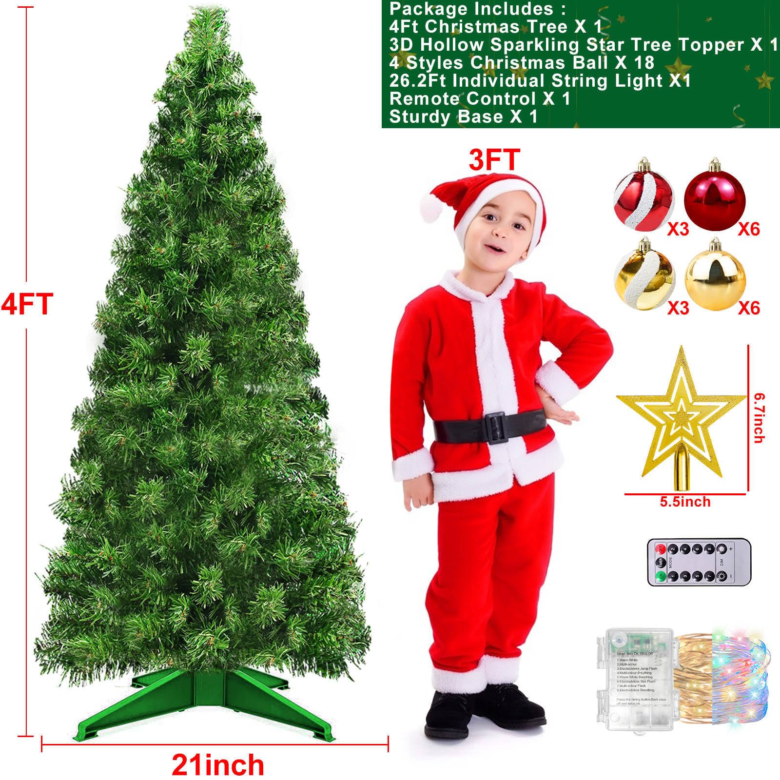 Remote 8 Mode & Timer 4 Ft Mini Christmas Tree with 100 Warm White & Multi Color Change Lights 18 DIY Balls Ornaments 3D Star Ba