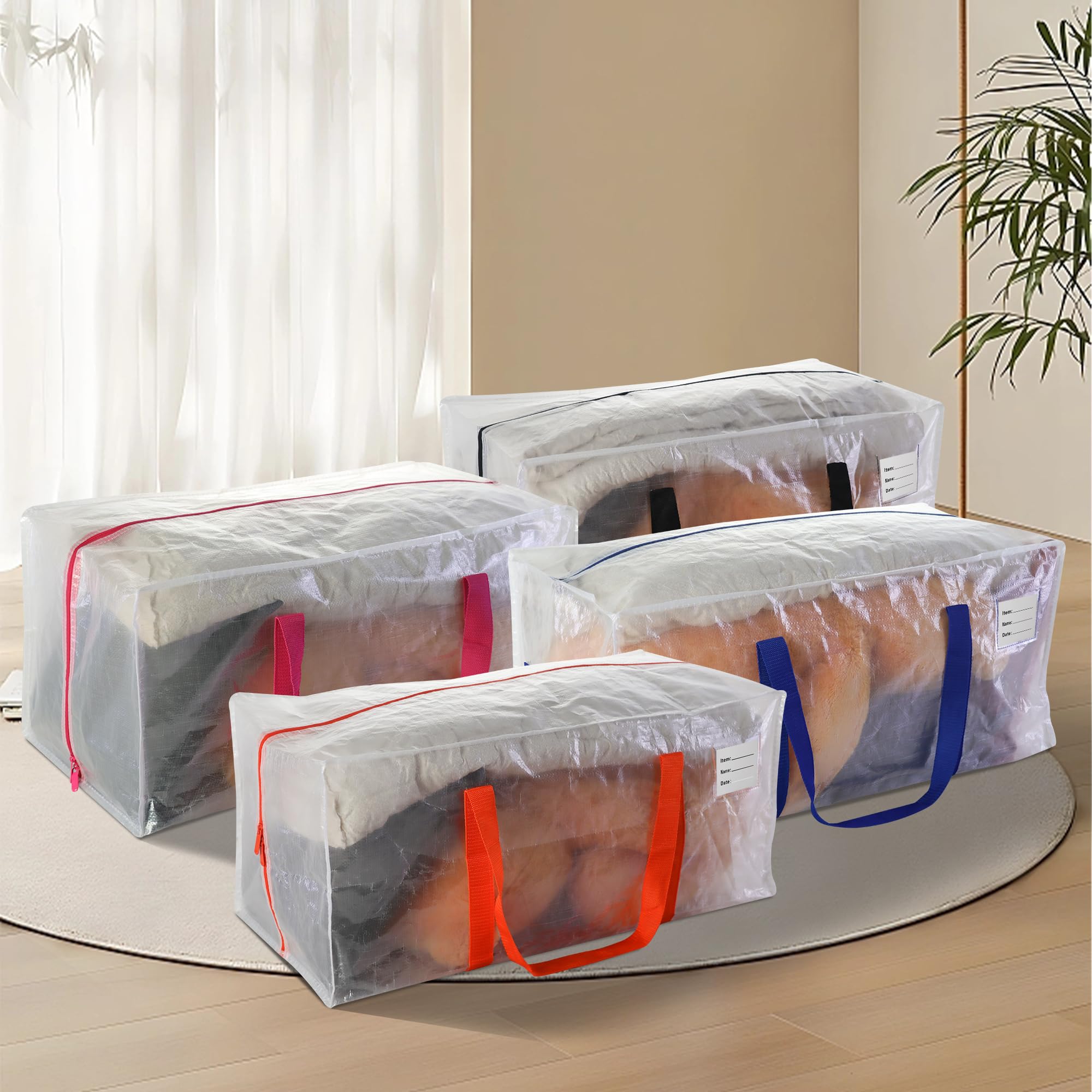 Jcbzamz Multicolor Clear Large Moving Bags 8 Pcs, Clothes Storage Bags For Moving Supplies, College Dorm- With Pink, Black, Blue