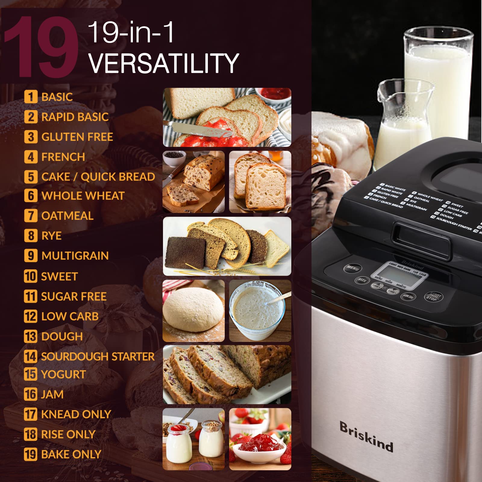 Briskind 19-in-1 Compact Bread Maker, 1.5 lb, Stainless Steel, Model BM8605, Gluten Free, Automatic Keep Warm, 3 Crust Colors