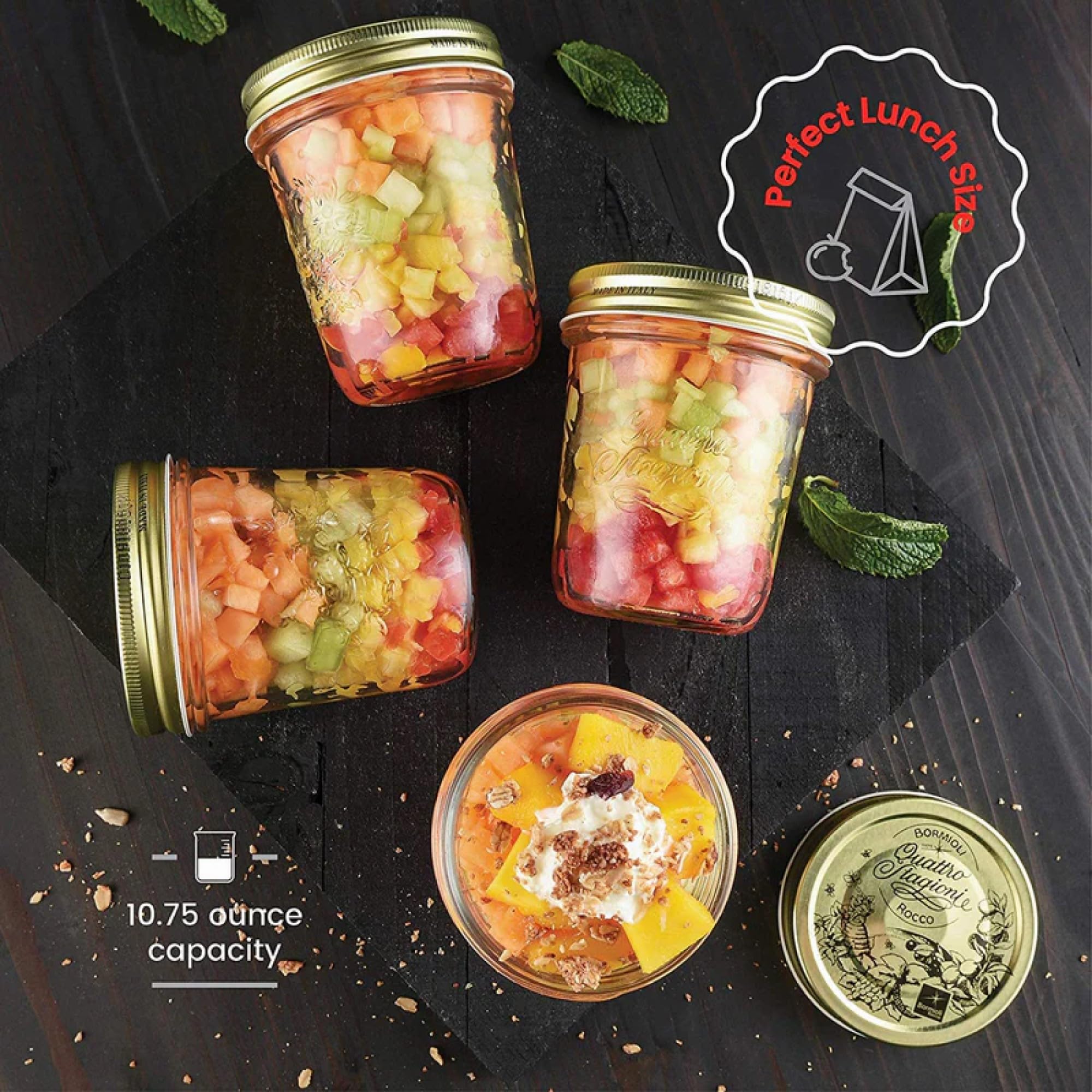 Bormioli Rocco Quattro Stagioni Set Of 6 Clear Airtight Mason Jars, 10.75 Oz. Made From Durable Glass, Made In Italy.
