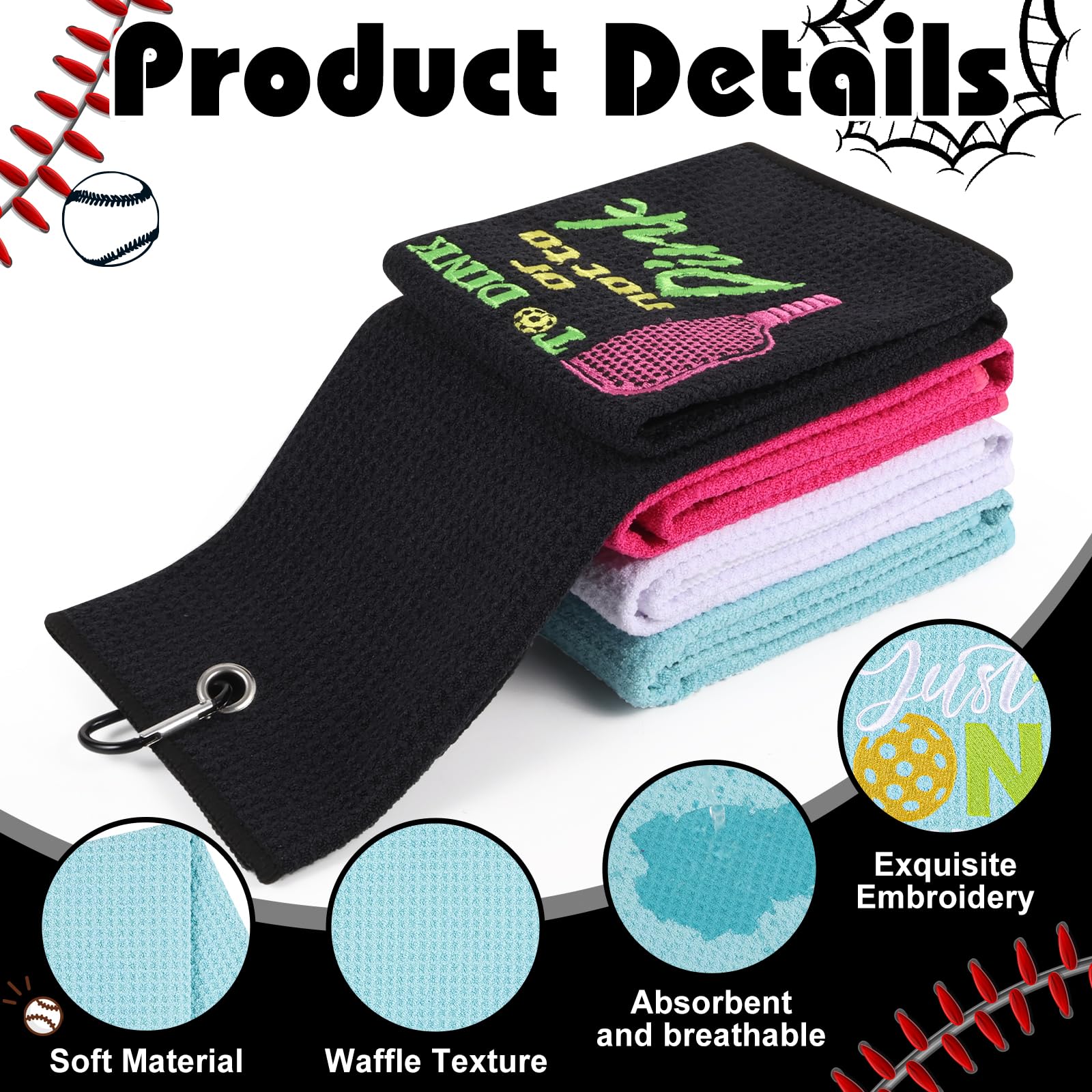 4 Pcs Funny Pickleball Towel Athletic Towels with Grommet Absorbent Embroidered Pickleball Gifts for Men Women Dinkball Towels T