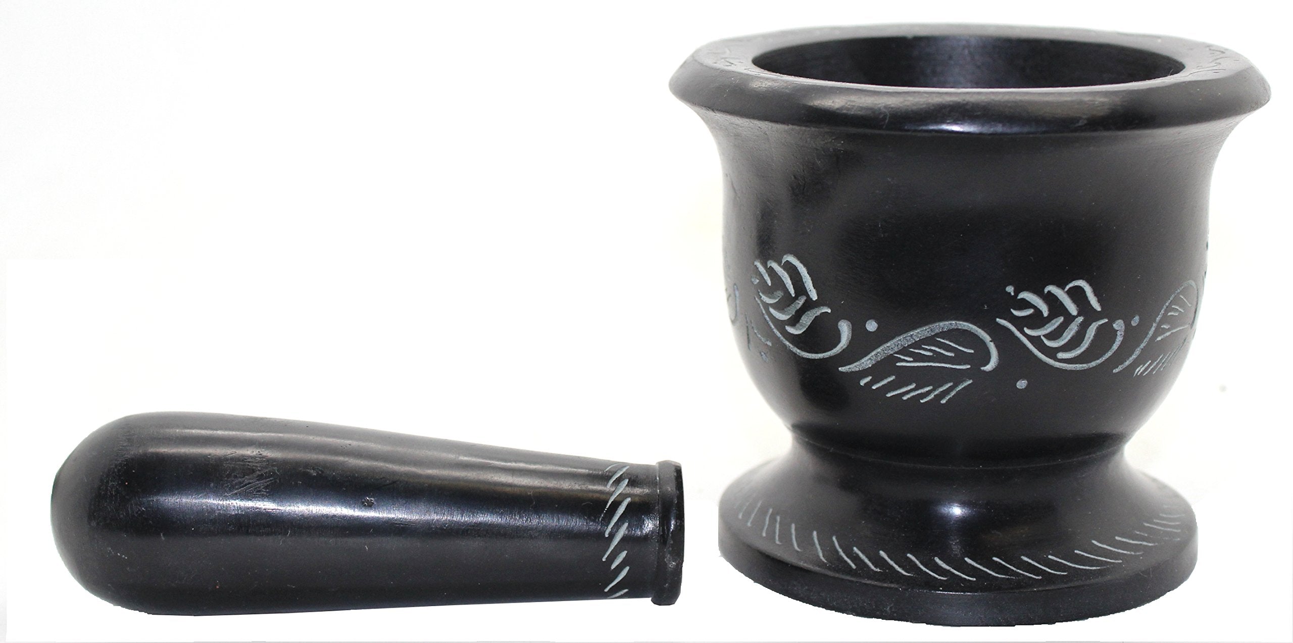 Govinda - Black Soap Stone Mortar And Pestle - Leaf - 4 Inch Dia X 3.5 Inch Tall