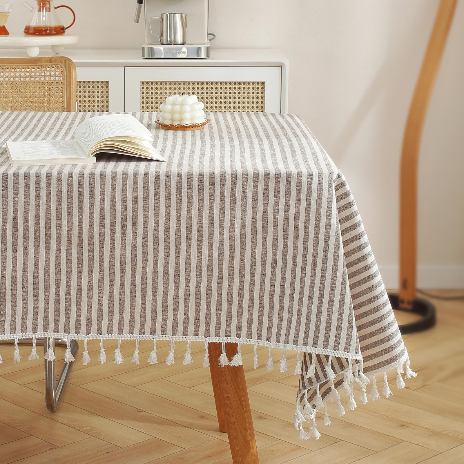 Meioro Table Cloth Coffee Brown Striped Tablecloth Tassels Cotton Linen Dust-Proof Table Cover For Dining Coffee Buffet Kitchen