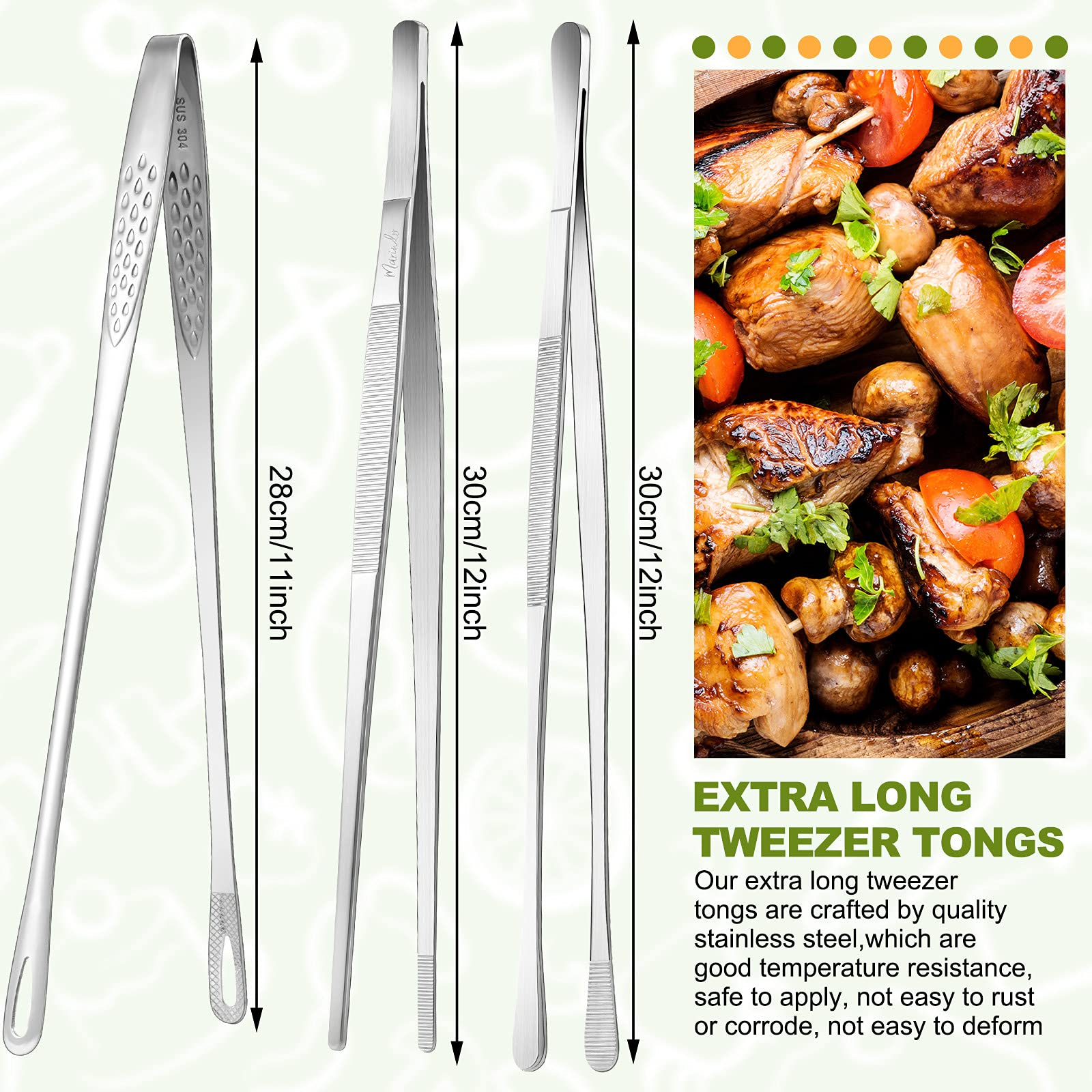 3 Pieces Cooking Tweezer Tong Includes 2 Pieces 12 Inch Extra Long Tweezer Tongs And 11 Inch Stainless Steel Kitchen Food Tong B