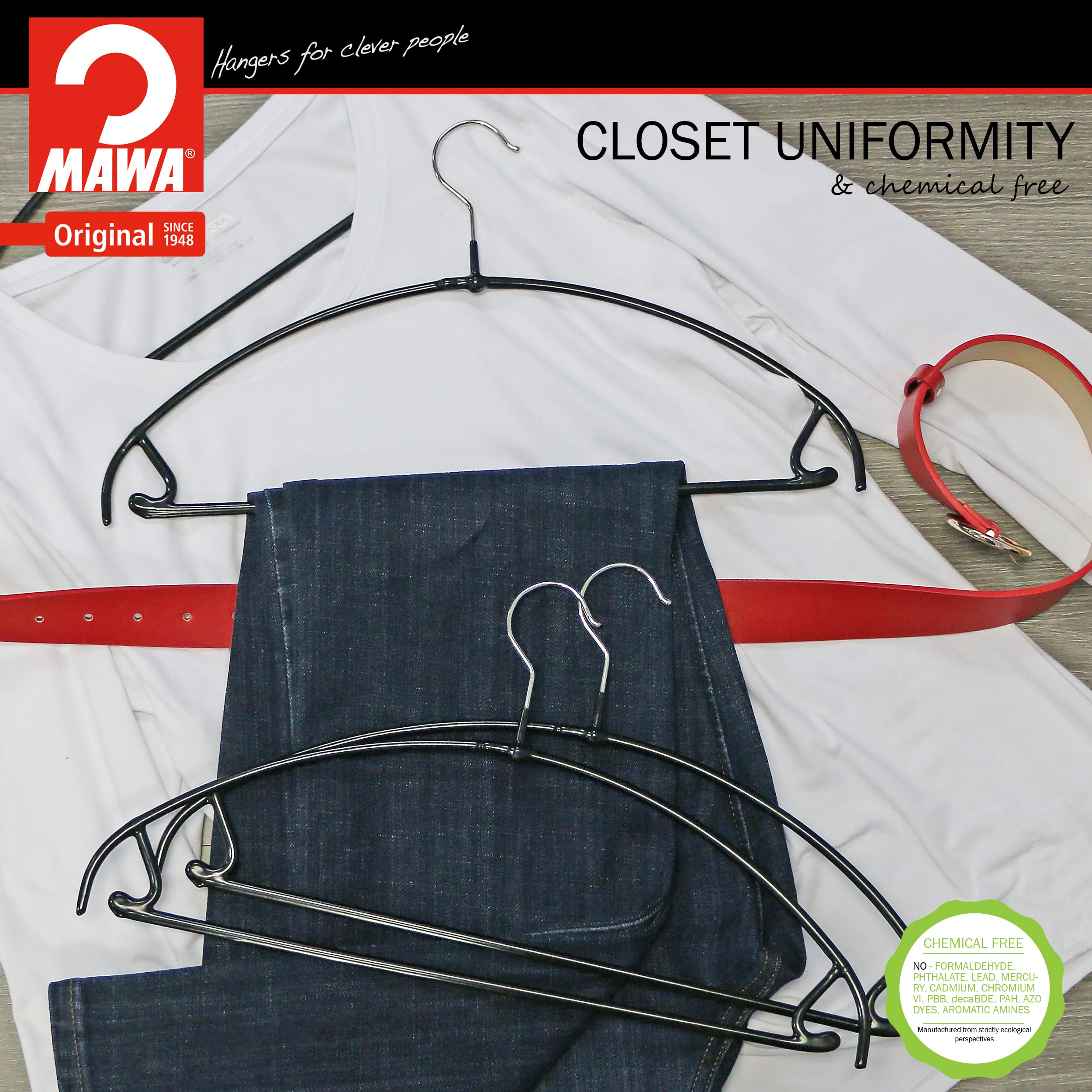 Mawa by Reston Lloyd Euro Ultra Light/Thin Series  Non-Slip Space-Saving Clothes Hanger with Bar & Hooks for Pants and Skirts  Style 42/PTU  Set of 10  Black