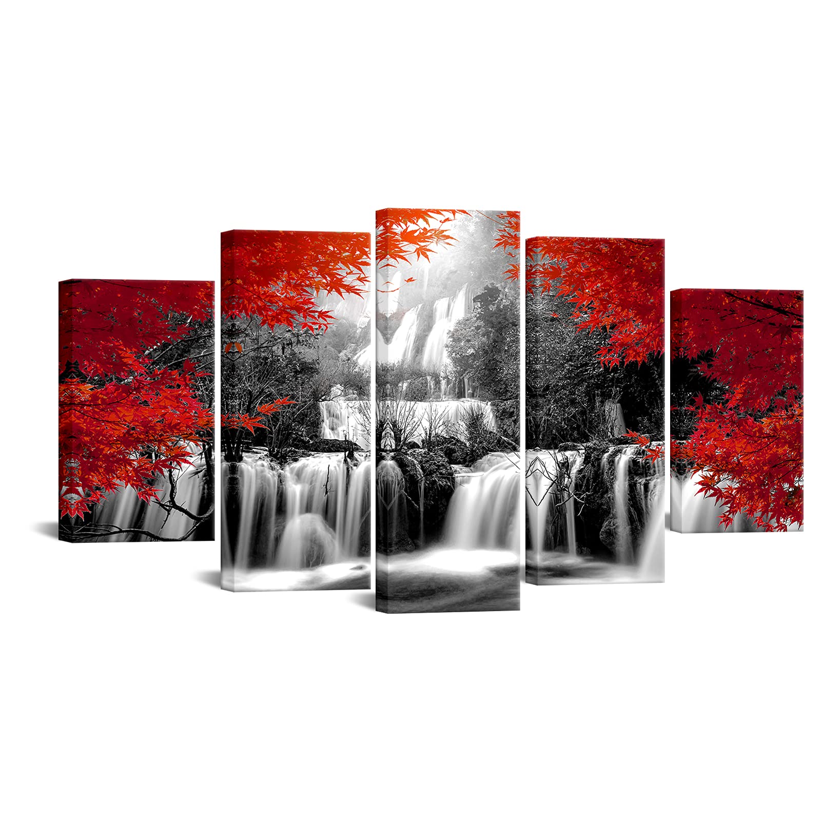 Vanseeing 5 Pieces Autumn Forest Waterfall Canvas Wall Art Red Tree Nature Scenery Picture Dreamlike River Natural Landscape Art