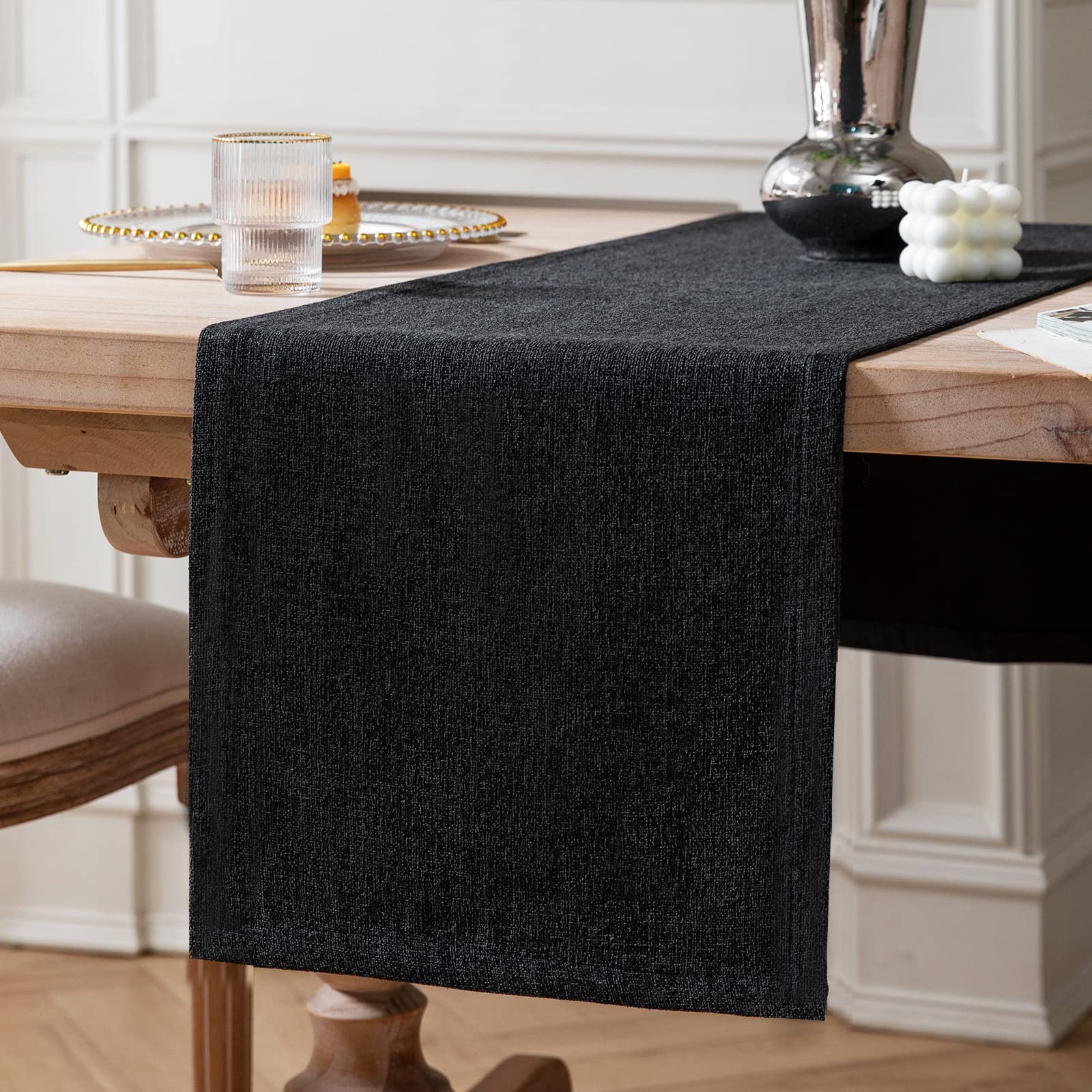 Zeemart Burlap Style Farmhouse Table Runners 90 Inches Long, Black Rustic Woven Dining Table Runner For Everyday Use, 14X90 Inch