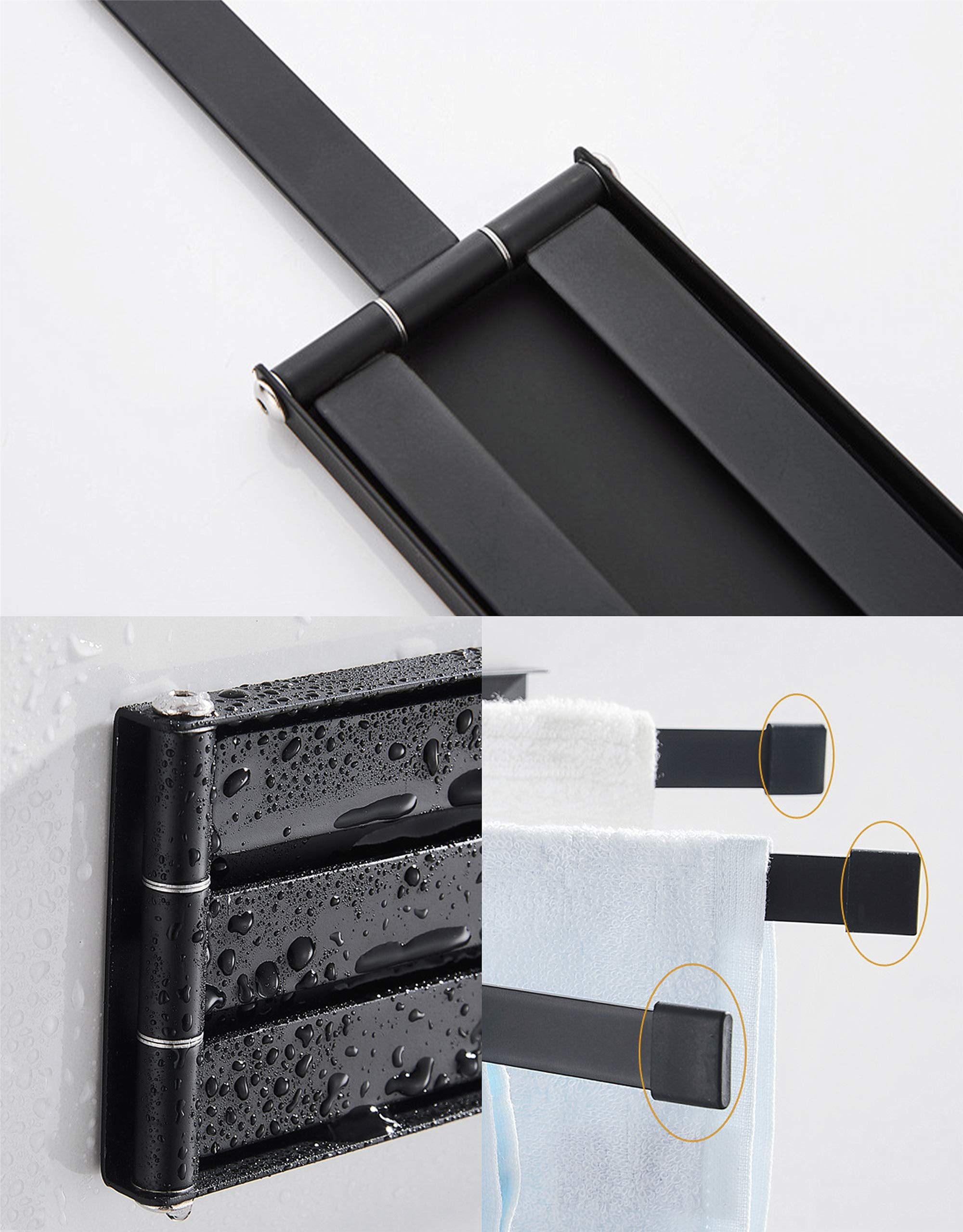 Yeavs Swing Towel Holder Rack Matte Black, Wall Mounted Towel Bar Swivel With 3-Arm For Bathroom Kitchen Storage