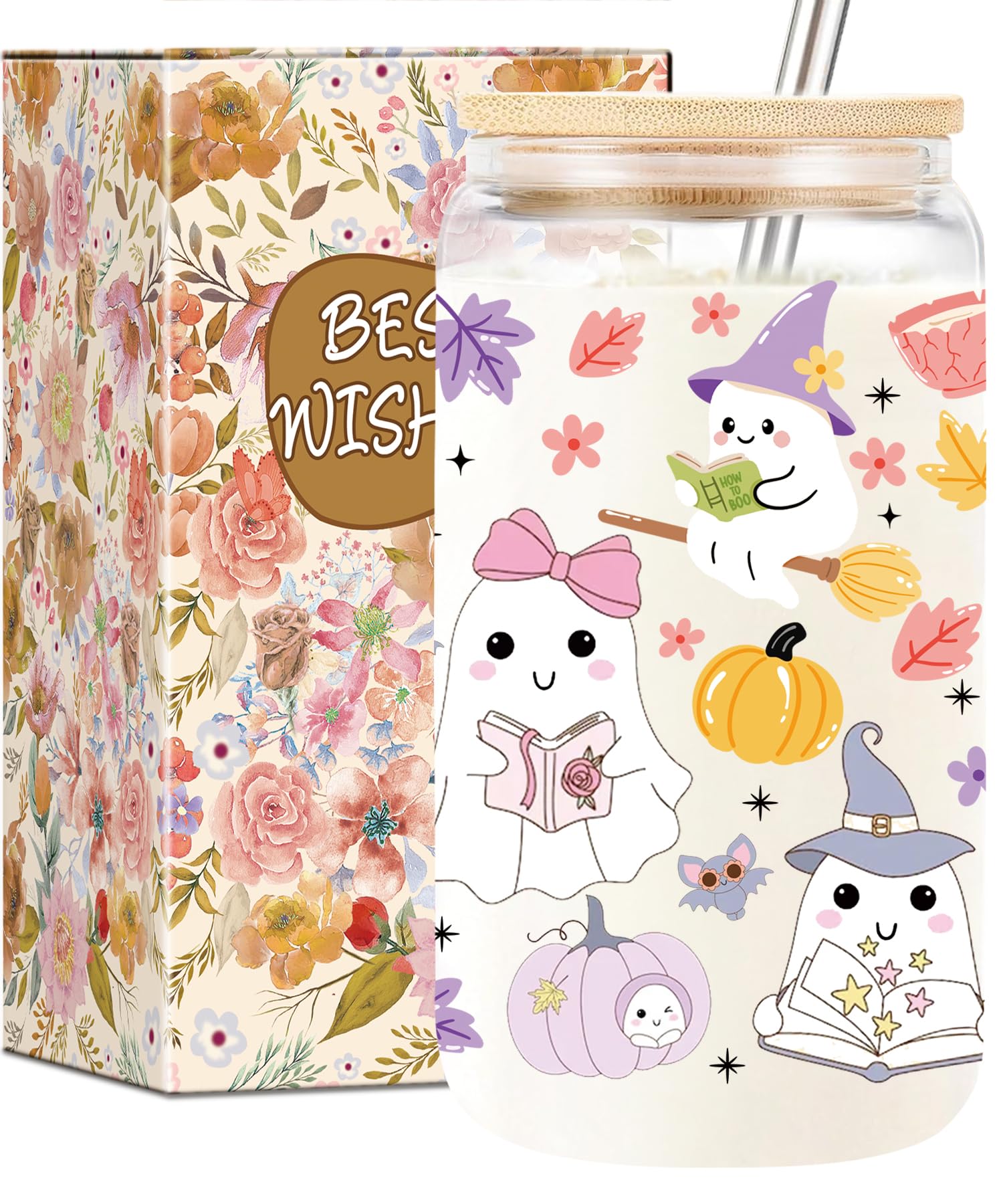 JYPLKCMT Ghost Reader Halloween Cup, Cute Halloween Mug Gifts Basket for Book Lovers, 16 oz Iced Coffee Tumbler with Lid and Str