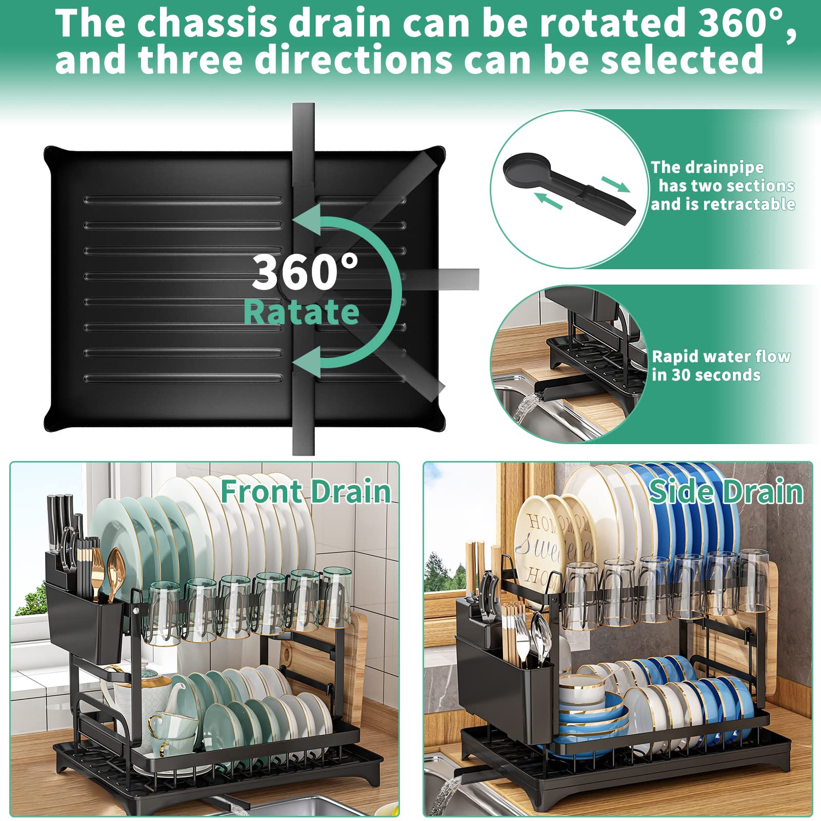 Xlmys Dish Drying Rack, 2 Tier Large Dish Drying Rack For Kitchen Counter With Drainboard Stainless Steel Dish Drainer For Dish/