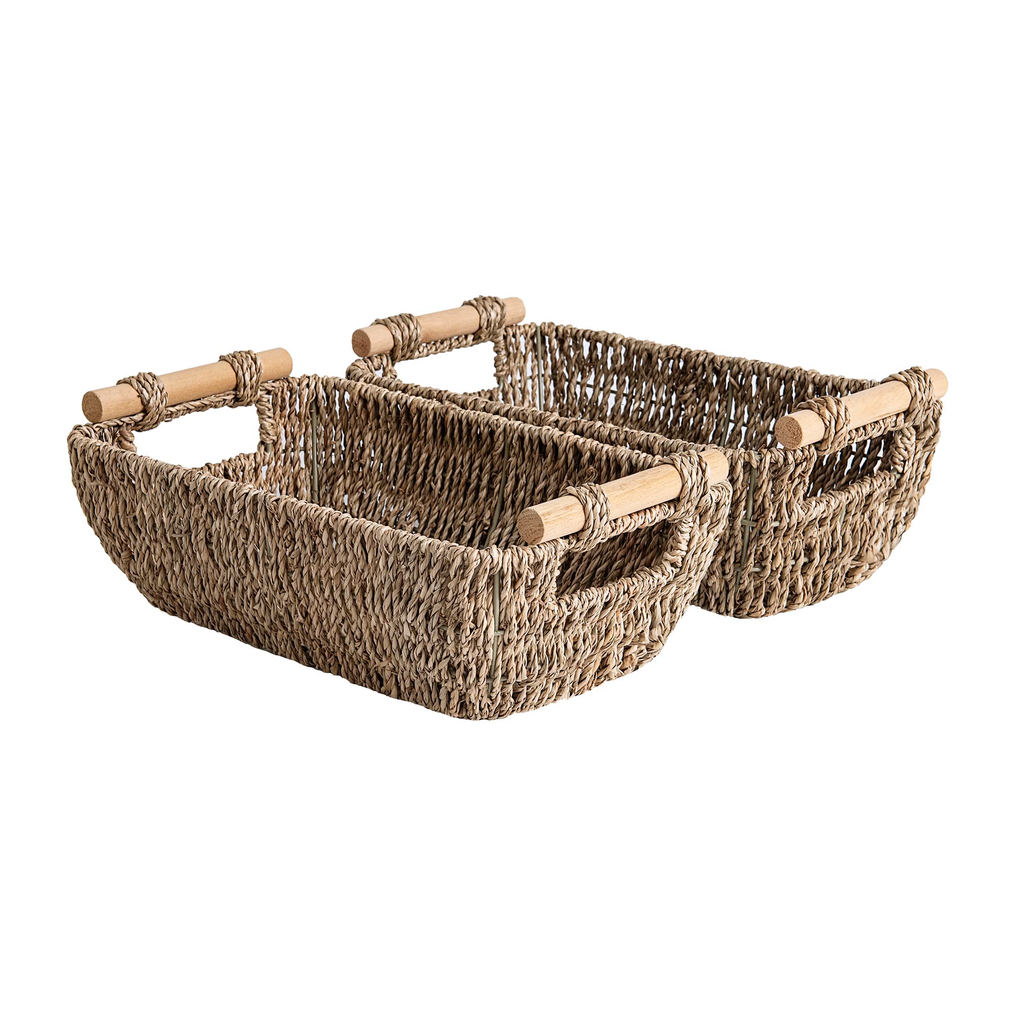 StorageWorks Small Wicker Baskets  Handwoven Baskets for Storage  Seagrass Rattan Baskets with Wooden Handles  2-Pack