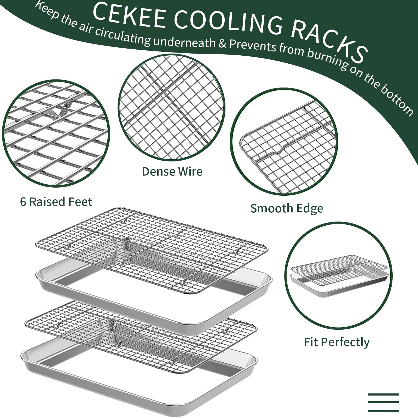 Half Sheet Pans With Rack Set [2 Pans + 2 Racks], Cekee Stainless Half Size Large Baking Sheets With Rack -18 Inch Baking Tray S