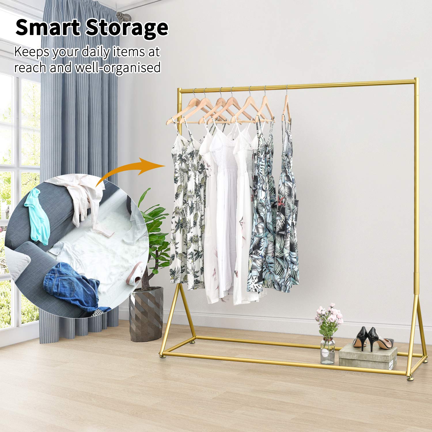 BOSURU Gold Pipe Clothing Racks Freestanding  Modern Metal Clothes Rack Heavy Duty  Easy Assemble Clothing Rack for Hanging Boutiques and Bedroom 59'' L