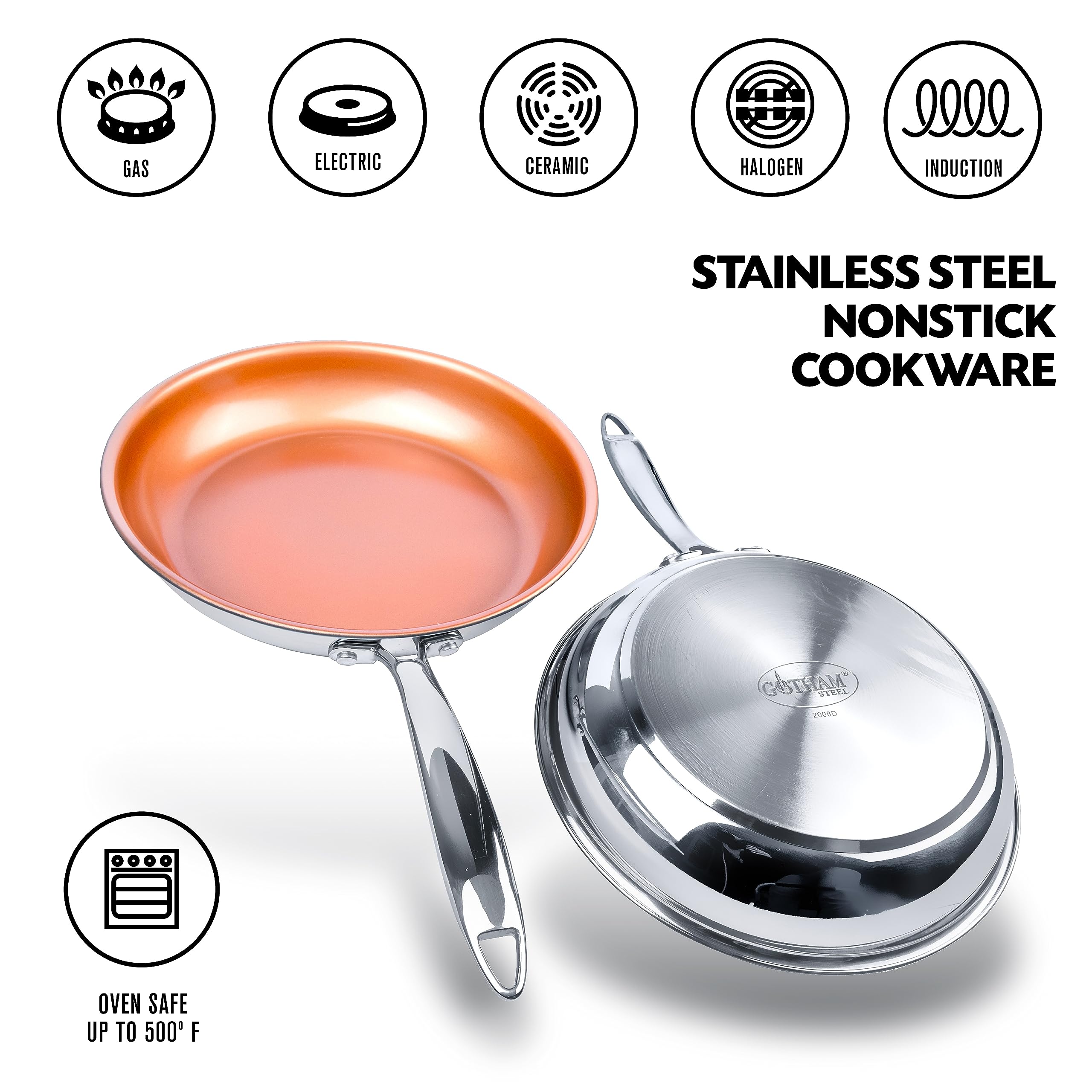 Gotham Steel Stainless Steel 2 Pack 10'' And 11'' Nonstick Frying Pan Set, Induction Base Stainless Steel Skillet Set + Stainles
