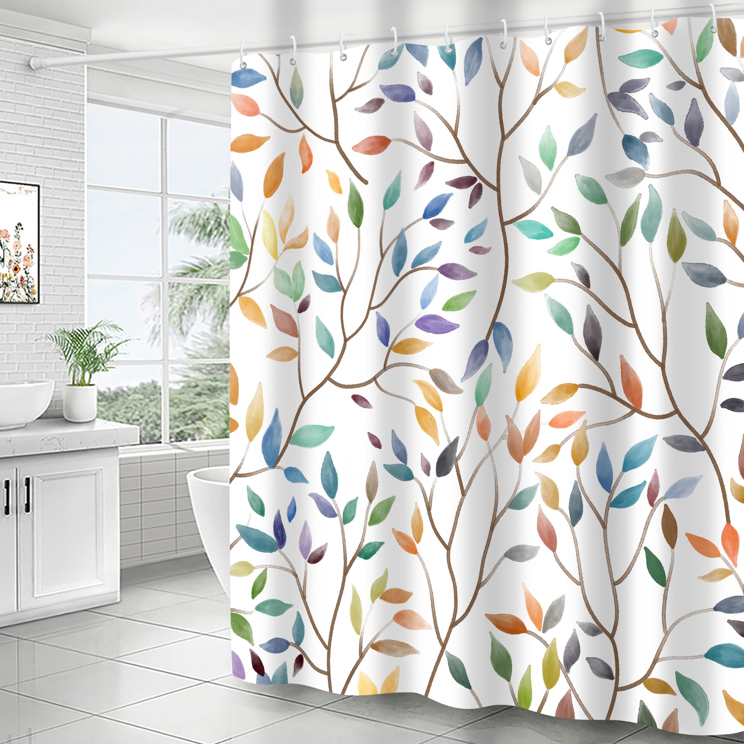 Jwxcbim Boho Leaf Floral Shower Curtain, Spring Summer Modern Colorful Botanical Leaves Bohemian Fabric Shower Curtain Set With
