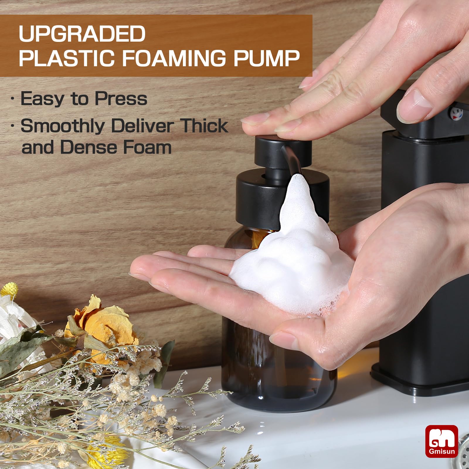 Gmisun Foam Soap Dispenser, 8.5 Oz Amber Glass Foaming Soap Dispenser For Bathroom & Kitchen, Modern Refillable Foaming Hand Soa