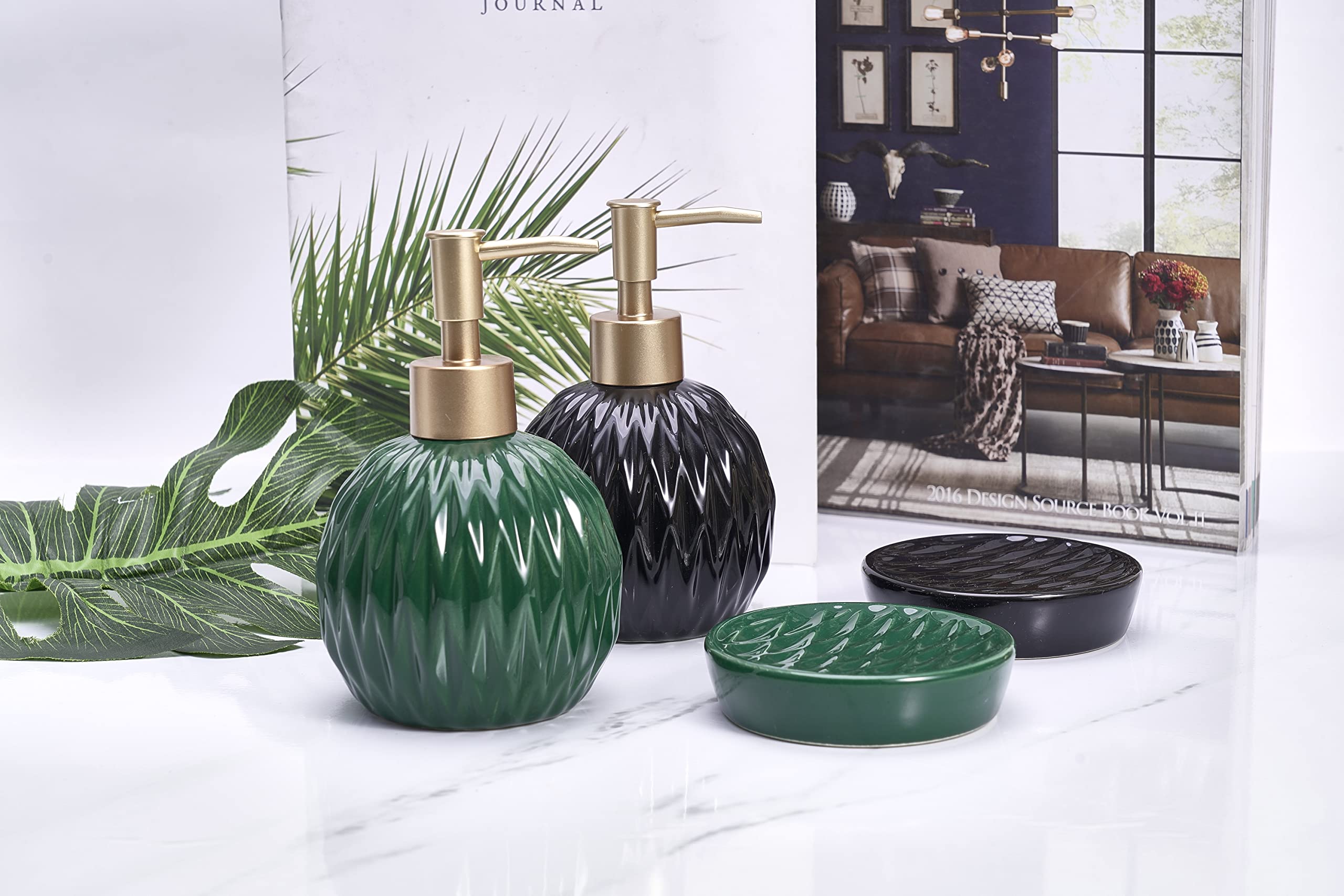 Ceramics Gold Soap Dispenser For Bathroom, Round Soap Dispenser With Delicate Embossed Rhombus Design (Dark Green)