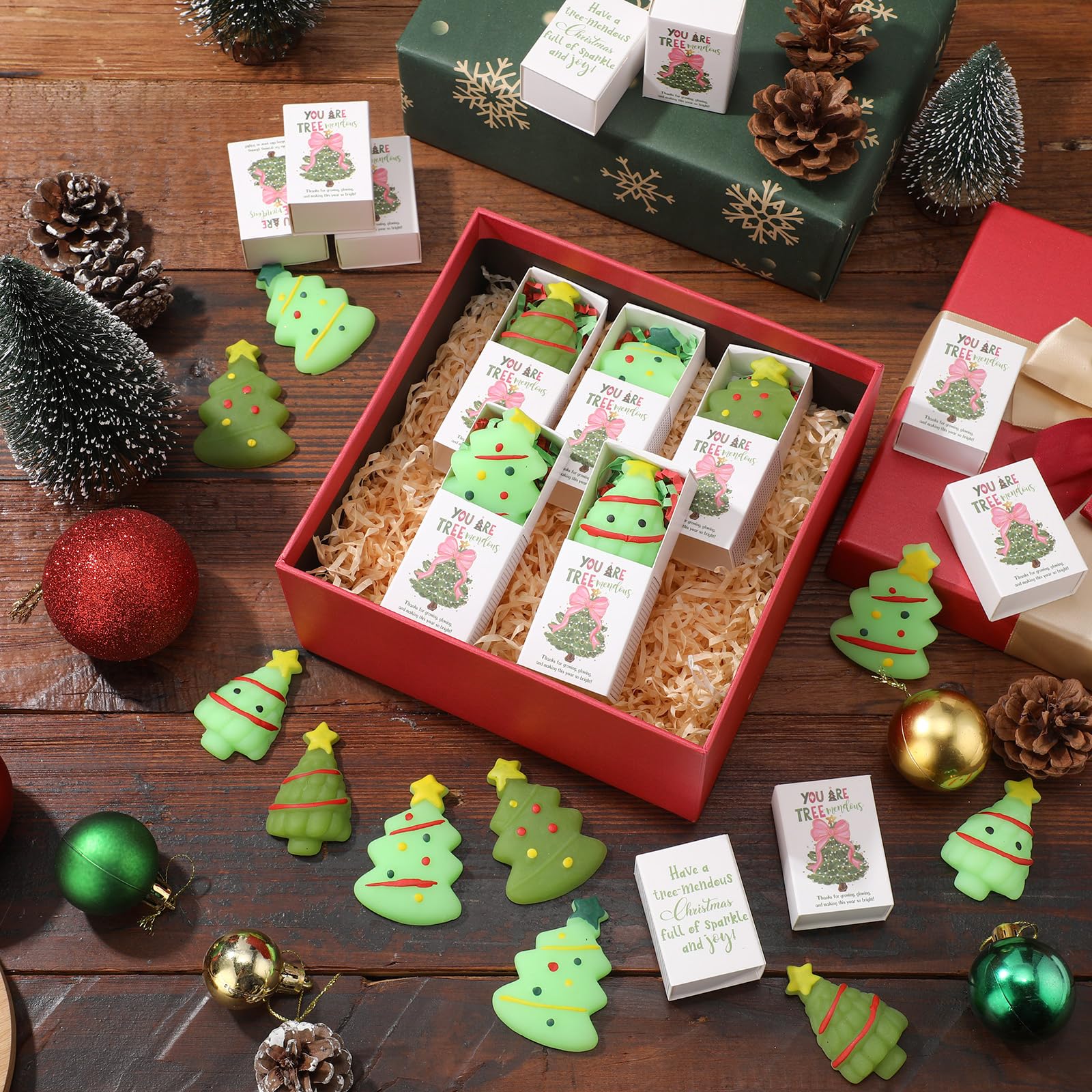Wettarn 20 Sets Christmas Appreciation Gifts Tree Stress Balls with Support Gift Boxes Bulk Christmas Party Favors for Employee