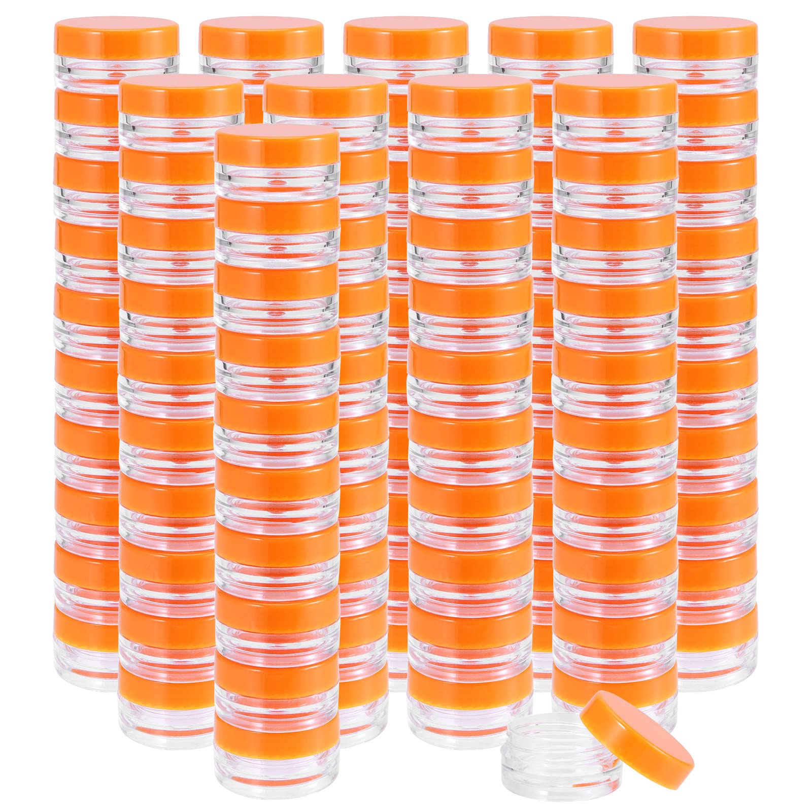 Joikit 200 Pack 3 Gram Jars With Orange Lid, 3Ml Empty Clear Plastic Makeup Sample Containers, Cosmetic Sample Jar For Lotion, C