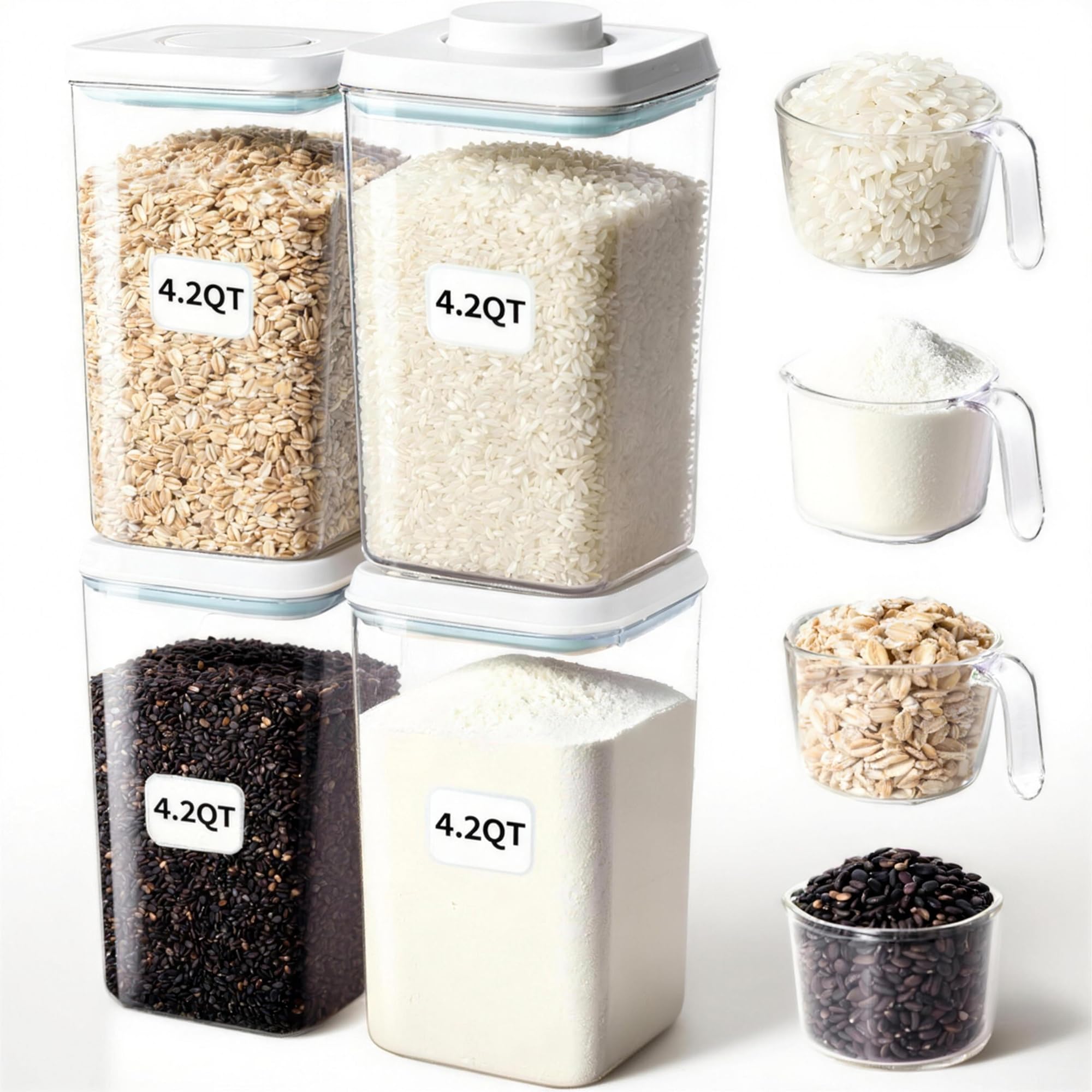 4Pcs Rice Storage Container 4.2Qt | 7.8Lbs Plastic Food Storage Container Bin With PopUp Lid & 0.13Qt Measure Scoop For Flour S