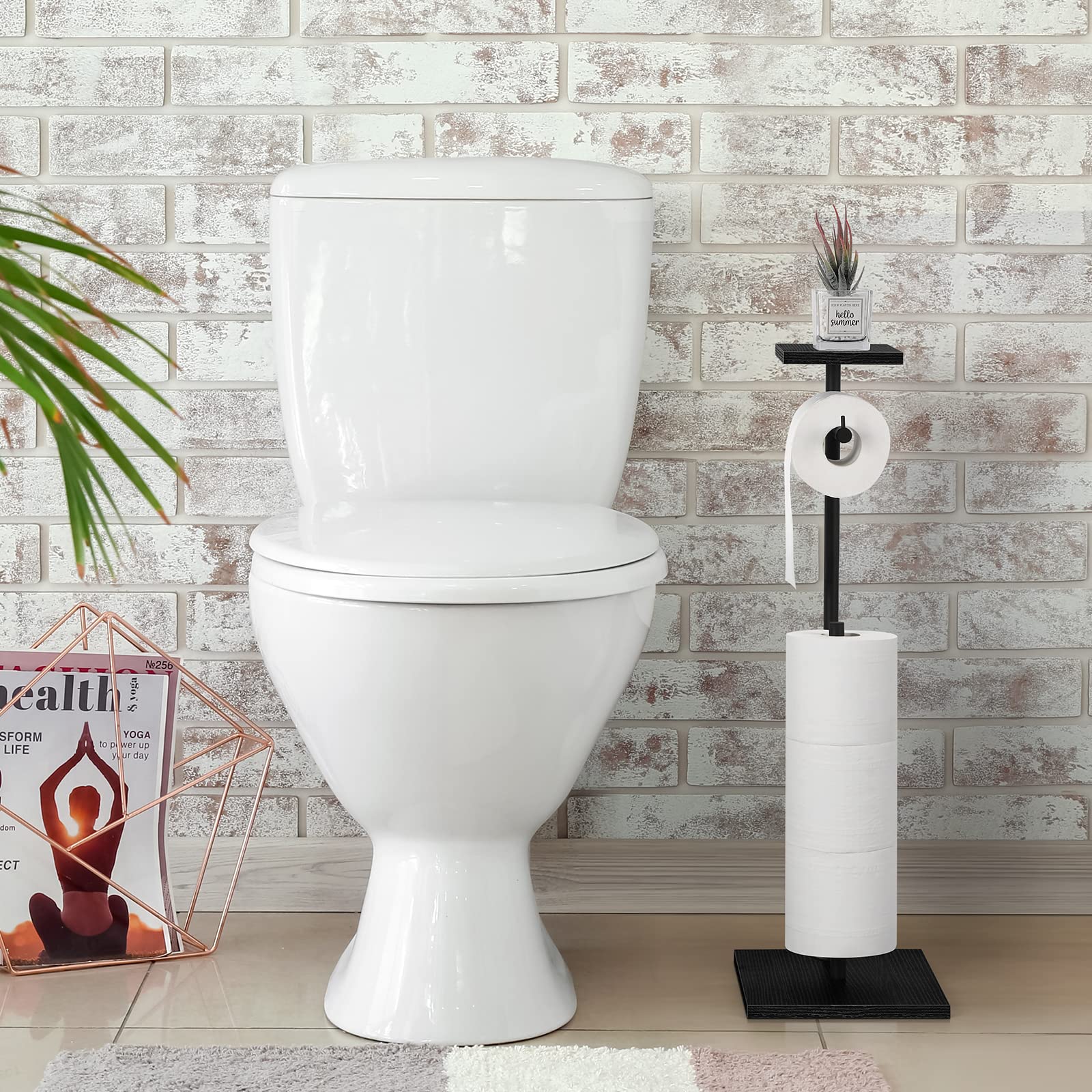Toilet Paper Holder Free Standing Black Bathroom Toilet Paper Holder Stand With Storage Shelf, Freestanding Roll Tissue Holders