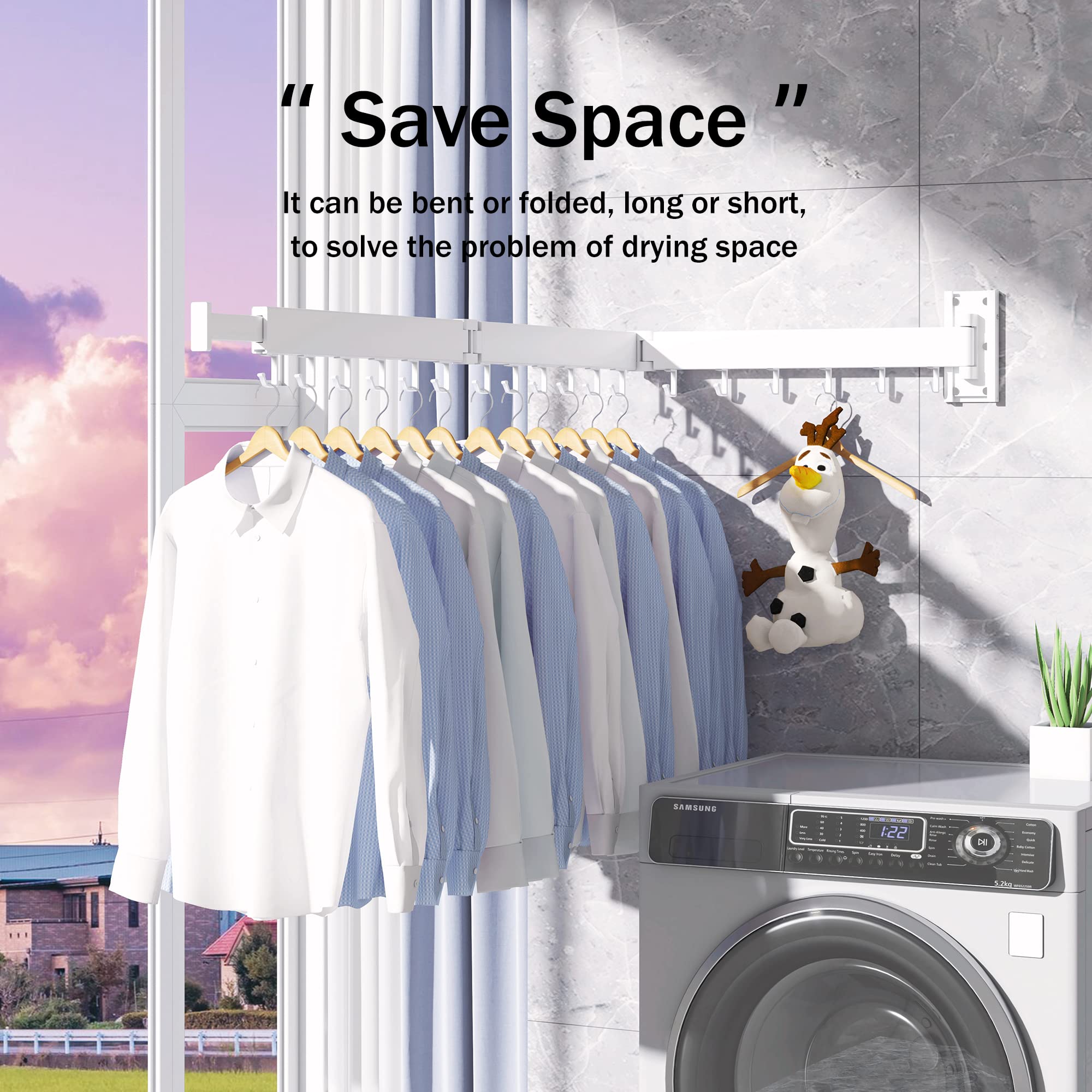 BOQORAD Wall Mounted Clothes Hanger Rack  Clothes Drying Rack Laundry Drying Rack Collapsible Clothes Rack Wall Mount  Retractable Drying Rack Clothing Space-Saver Clothes Dryer Rack White Color