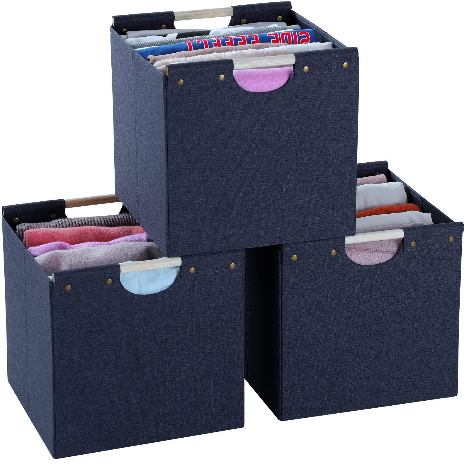 Hoonex Collapsible Storage Bins, 12X12X12In Storage Cubes Linen Fabric, 3 Pack, Storage Baskets With Wooden Carry Handles And St