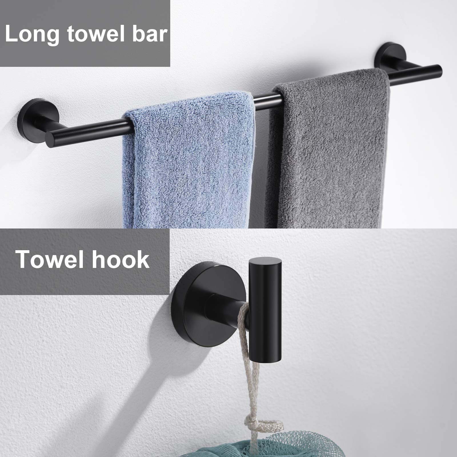 6 Pieces Matte Black Bathroom Hardware Accessories Set Hand Towel Ring 18&23.6 Inch Round Towel Bar Silver Toilet Paper Holder T