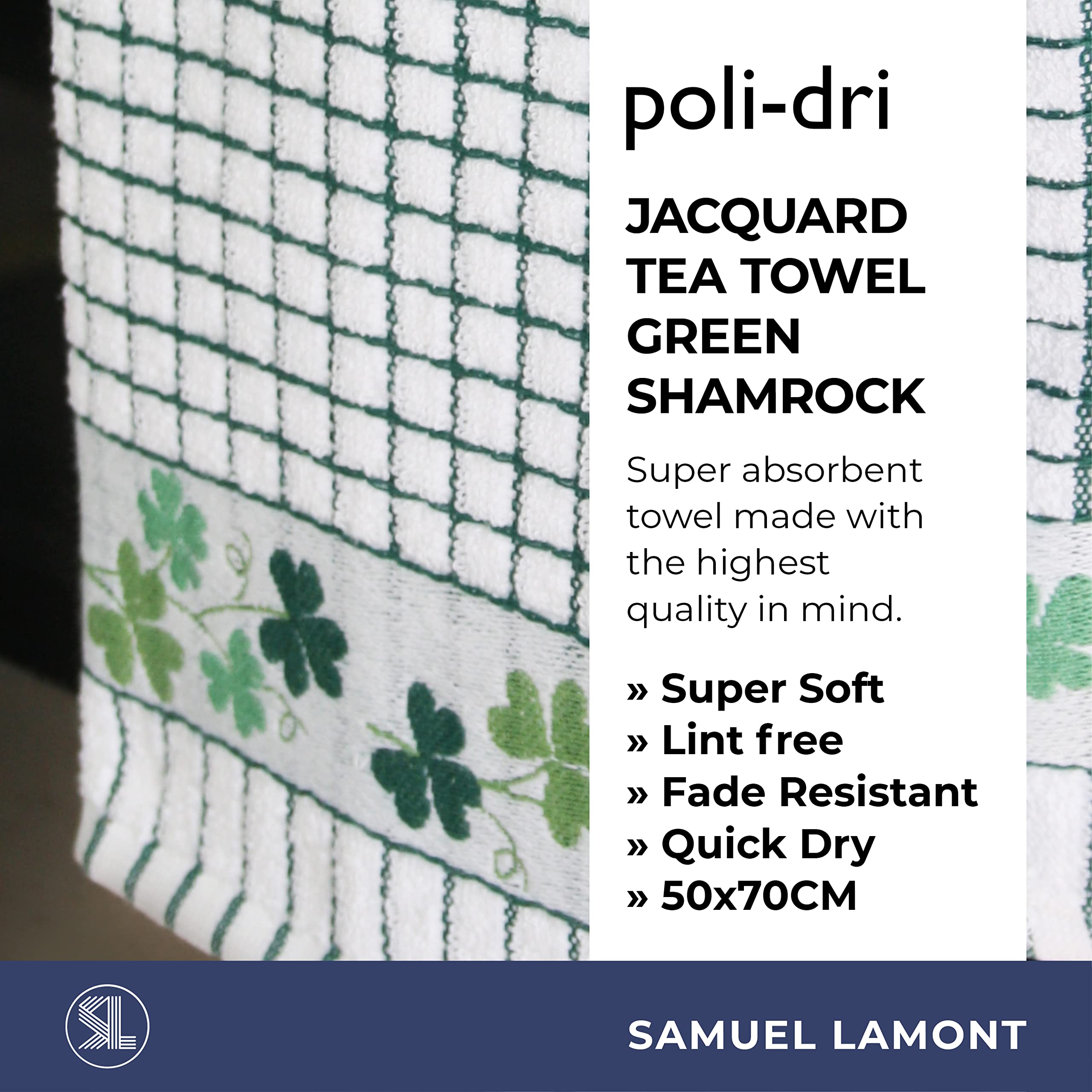 Samuel Lamont Poli-Dri Jacquard Towel White With Green And Shamrock Trim